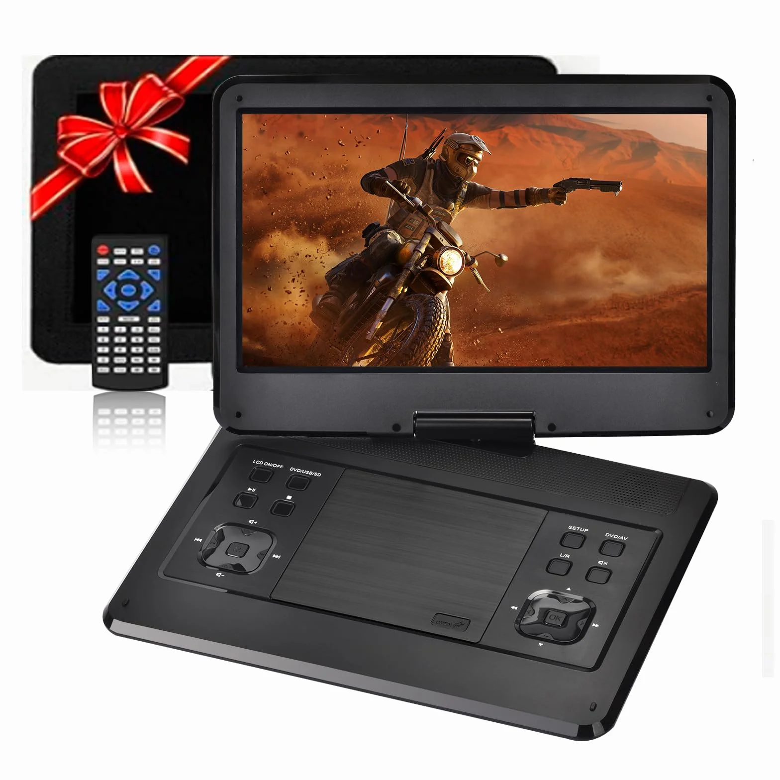 Reproductor de DVD portátil 16.9" pantalla giratoria 14.1" batería 6 horas soporte reposacabezas coche