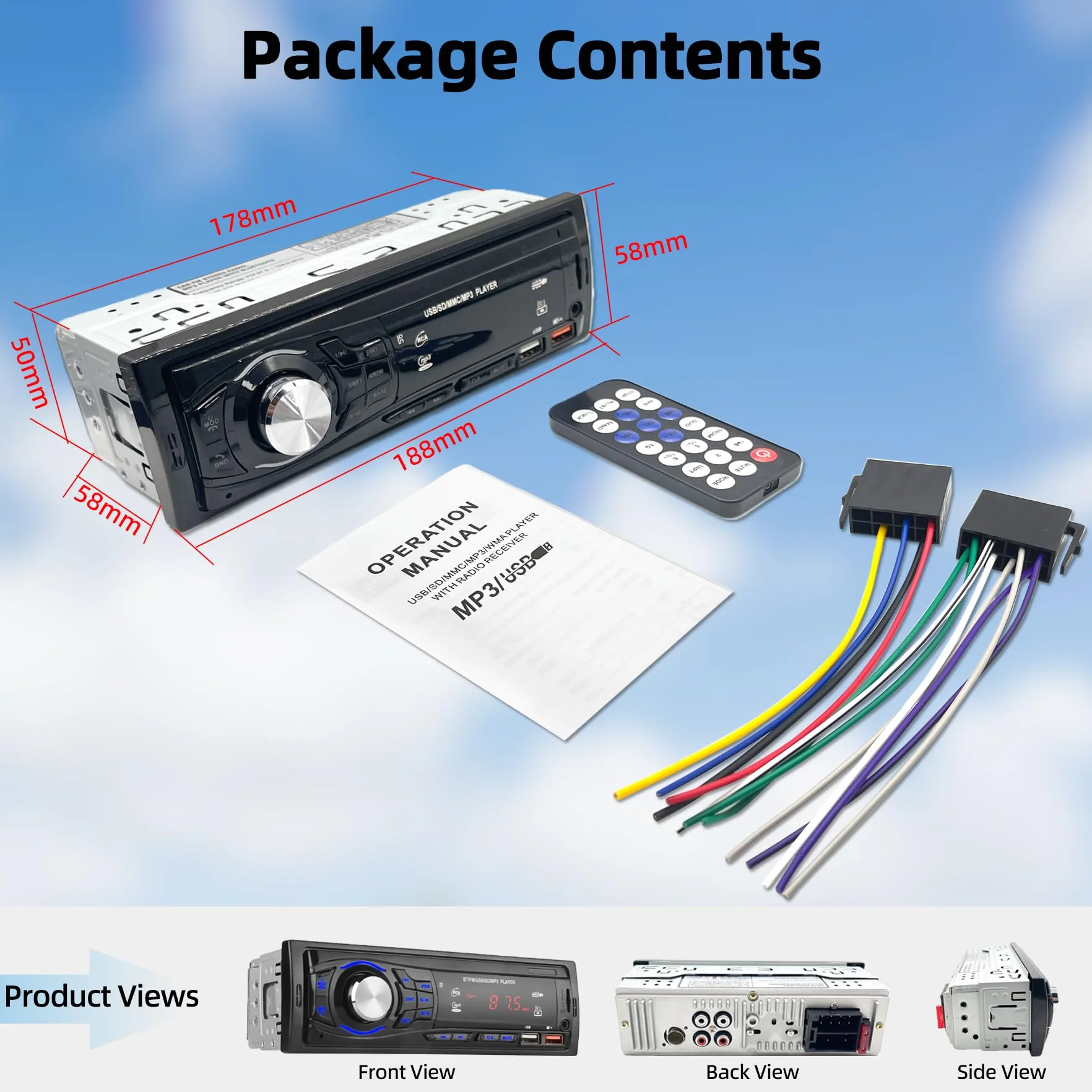 Radio Coche Bluetooth 1 DIN - Autoradio con 2 Puertos USB, Manos Libres, Entrada AUX y SD | Control Remoto y Radio FM - Estéreo Universal para Coche 12V (Negro)