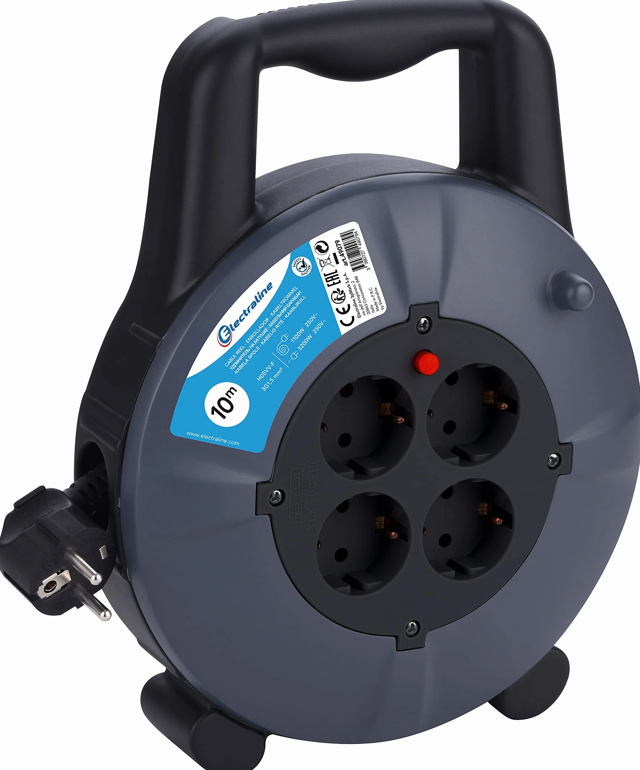 Electraline 49079 Cable Alargador con Enrollacables Domestico 10 M, 4 Tomas Schuko, Negro