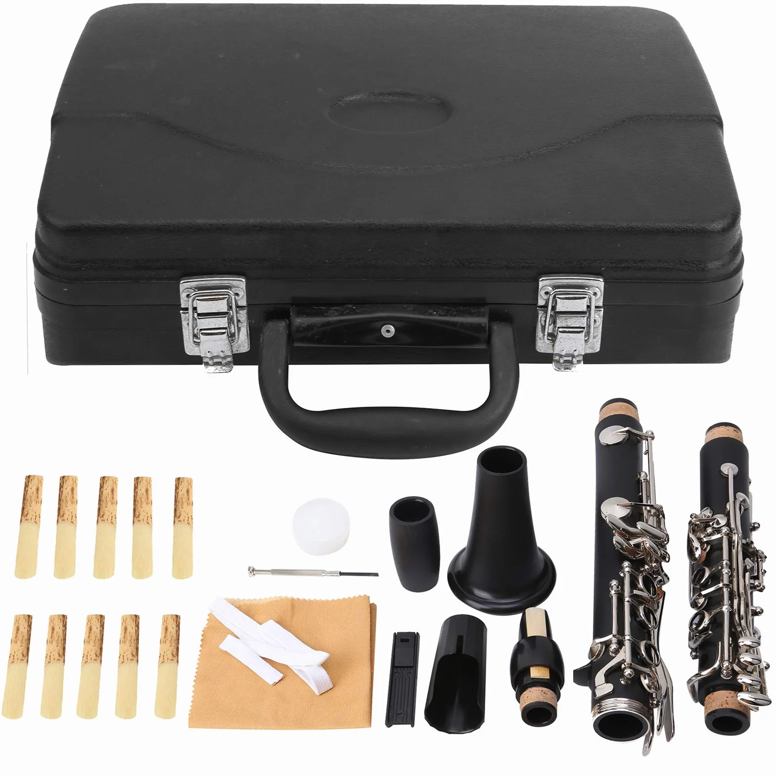 Juego de clarinete, instrumento musical de examen de grado para principiantes de clarinete Bb Key con estuche rígido de 10 cañas y kit de limpieza para clarinete,