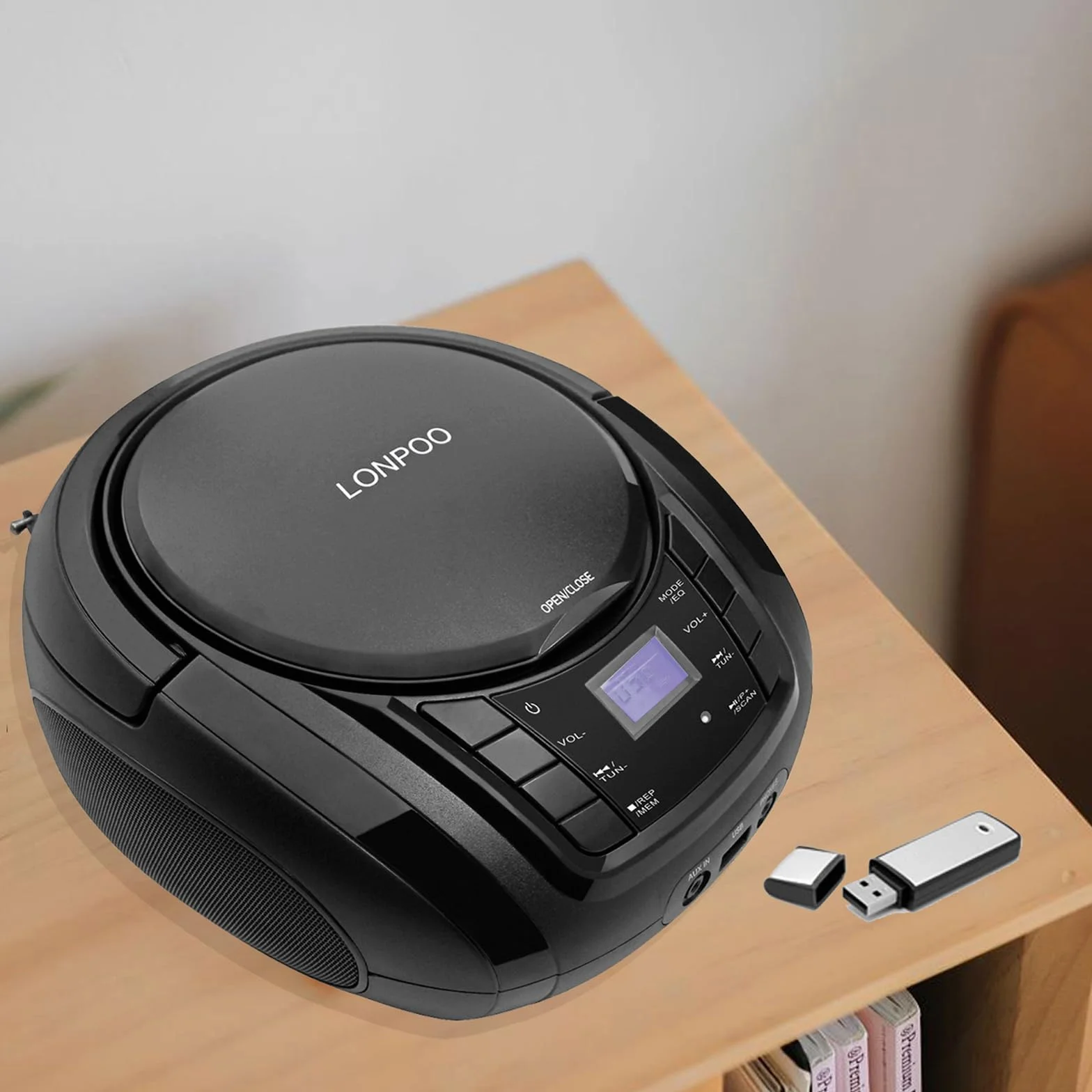 LONPOO Lectore de CD Portátil Boombox Reproductor Bluetooth/Radio FM/USB 2.0 / AUX-IN/Salida de Auriculares/Estéreo Altavoz /5 EQ