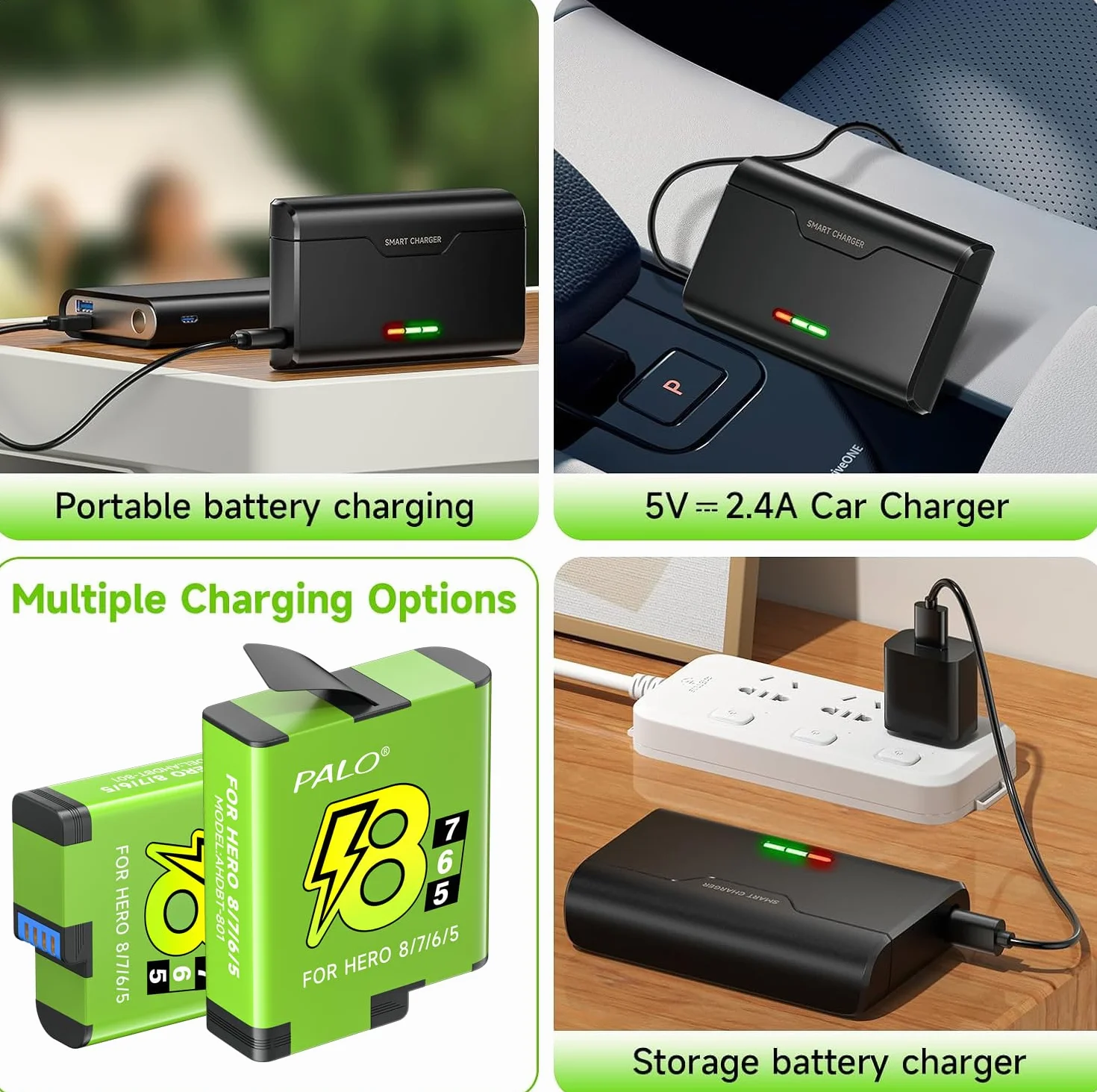 3 baterías Hero 8/7/6/5 con Cargador para Go-Pro Hero 12/11/10/9/8/7/9/5, Cargador de batería de 3 Canales con Accesorios de batería, Carga rápida, Adecuado para Baja Temperatura