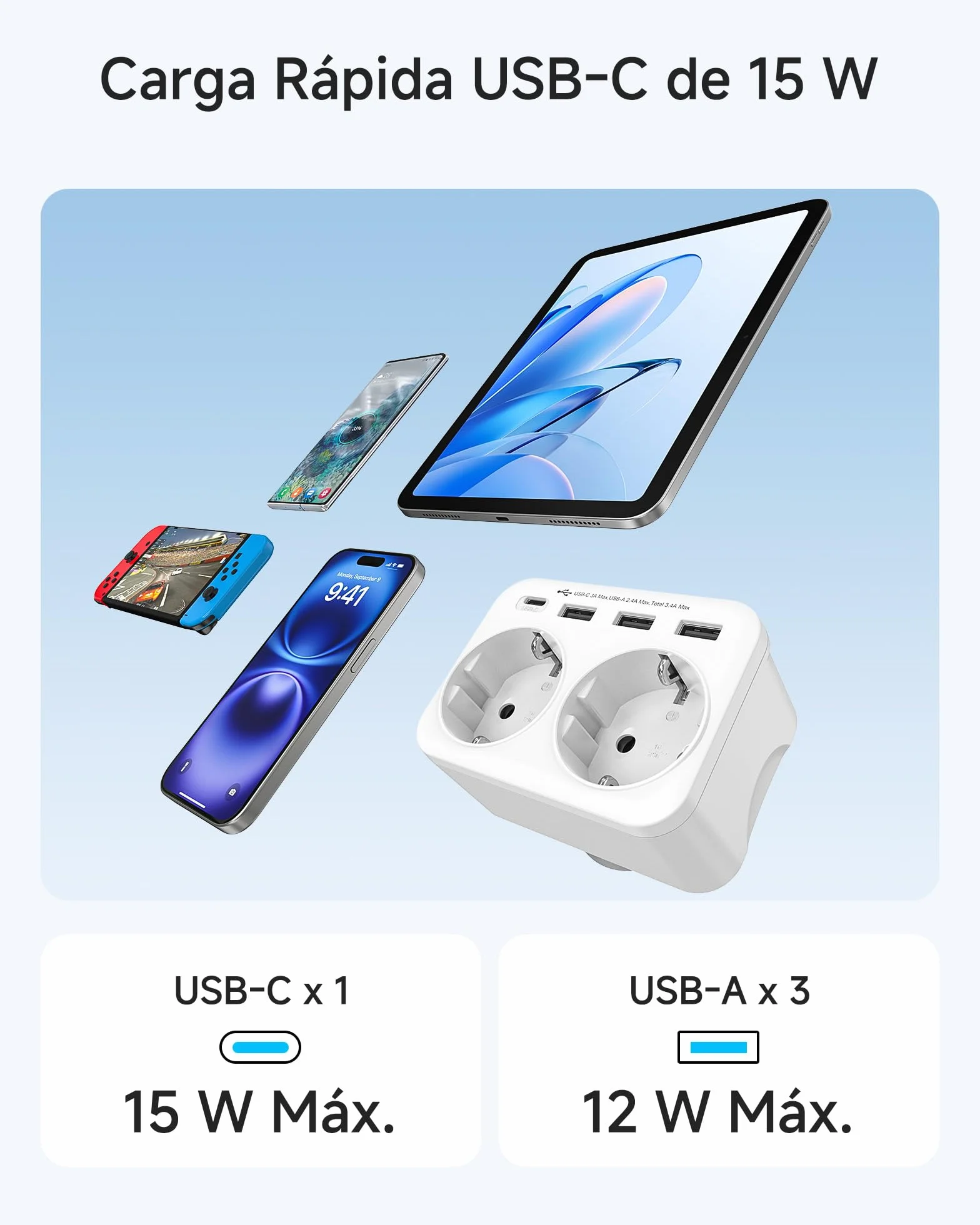 LENCENT Adaptador Enchufe USA/EE.UU, Adaptador Americano de Viaje con 3 Puertos USB y 1 Puerto USB-C, Europa Español 2-Pin a 3-Pin EEUU para México, Canada, Tailandia, Perú, Colombia, Tipo B Blanco