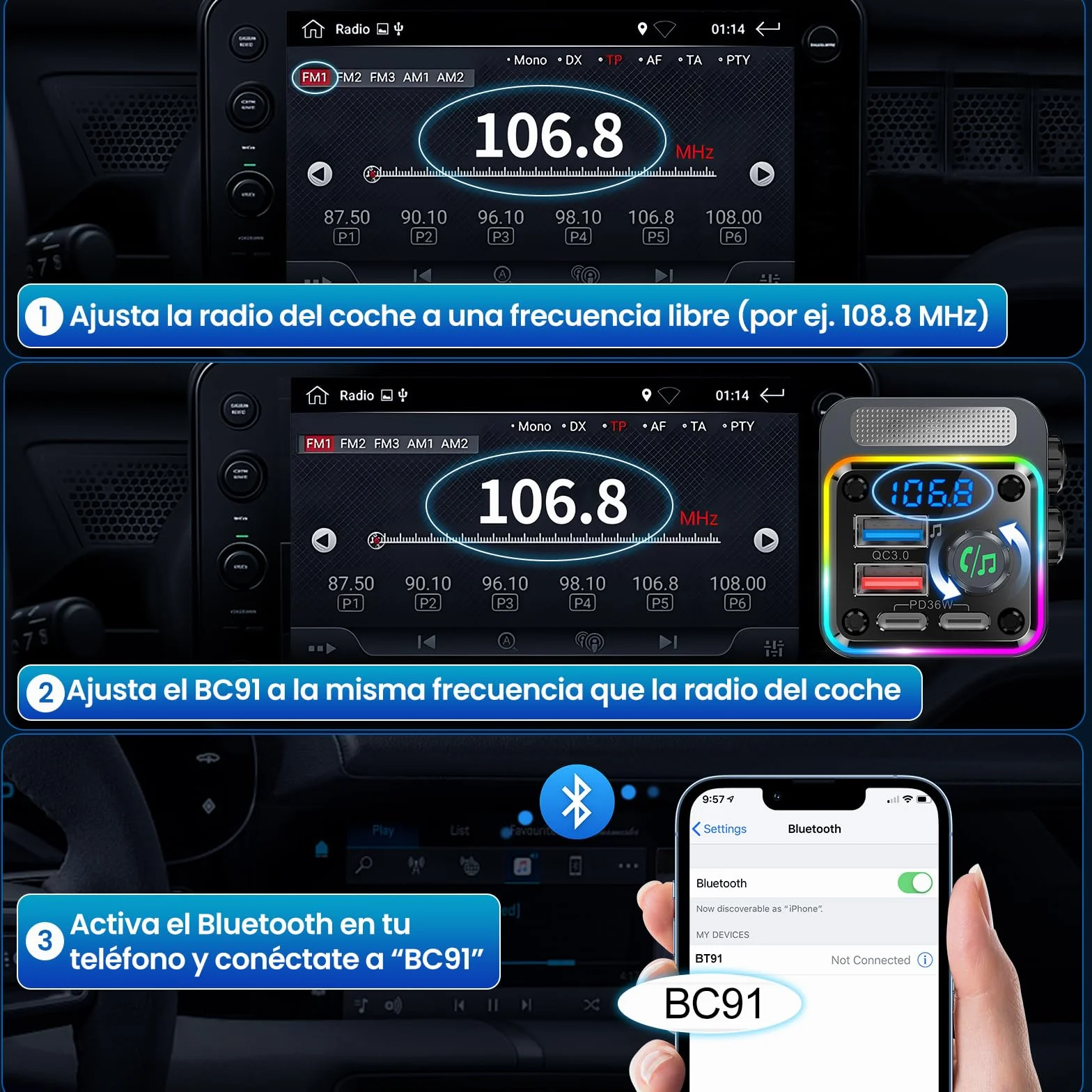Gizmovine Transmisor FM Bluetooth Coche,Manos Libres Adaptador Bluetooth Radio Coche,Carga Rápida (USB C PD 36W QC3.0 18W),Mechero Accesorios Coche,Bass,Inalámbrico Reproductor Musica MP3