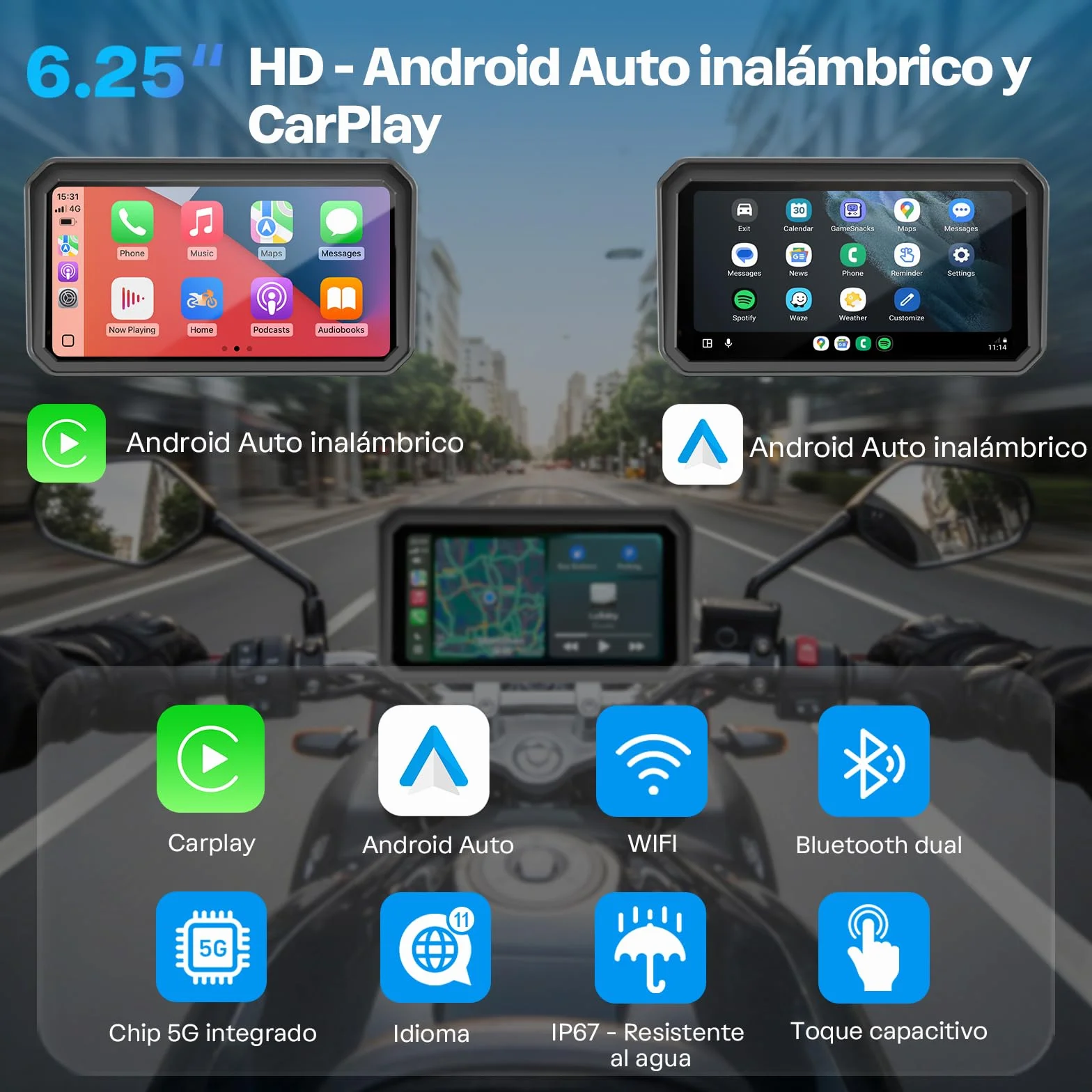 WonVon CarPlay para Motocicleta Sistema de Navegación GPS 6.25 Pulgadas con Apple CarPlay y Android Auto Doble Bluetooth