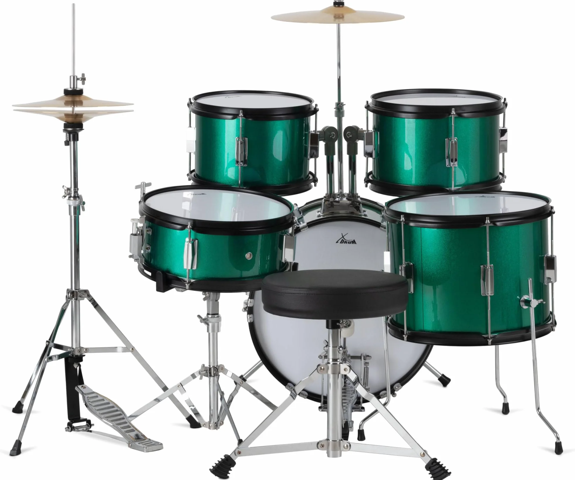 XDrum Junior Pro Batería Infantil Emerald Green Sparkle - adecuada de 5 a 9 años - Set de batería con accesorios completos - incl. escuela - verde