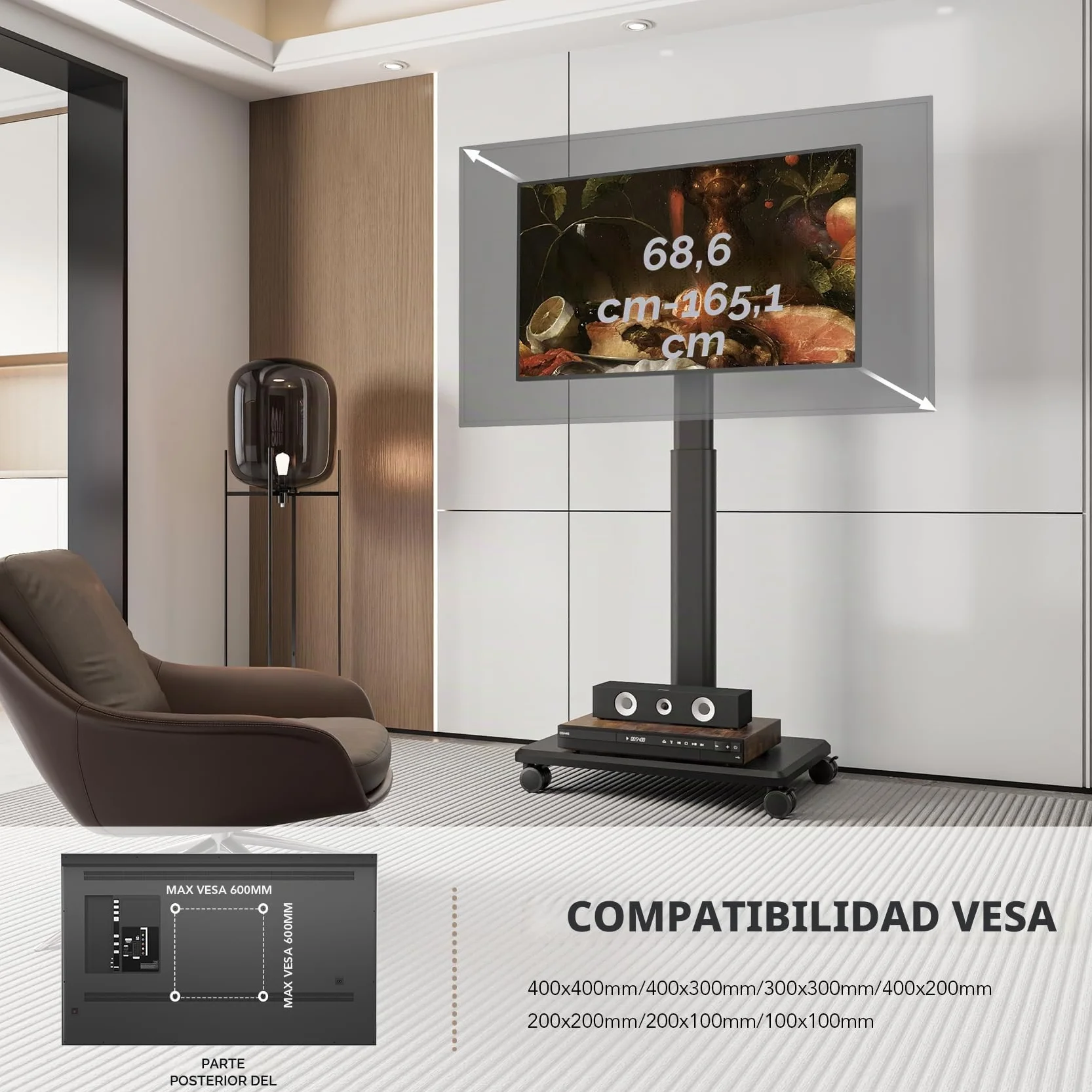 Soporte universal para TV de suelo con ruedas, ajustable en altura, giro 80°, para TV LCD LED OLED 27-65 pulgadas, 40 kg