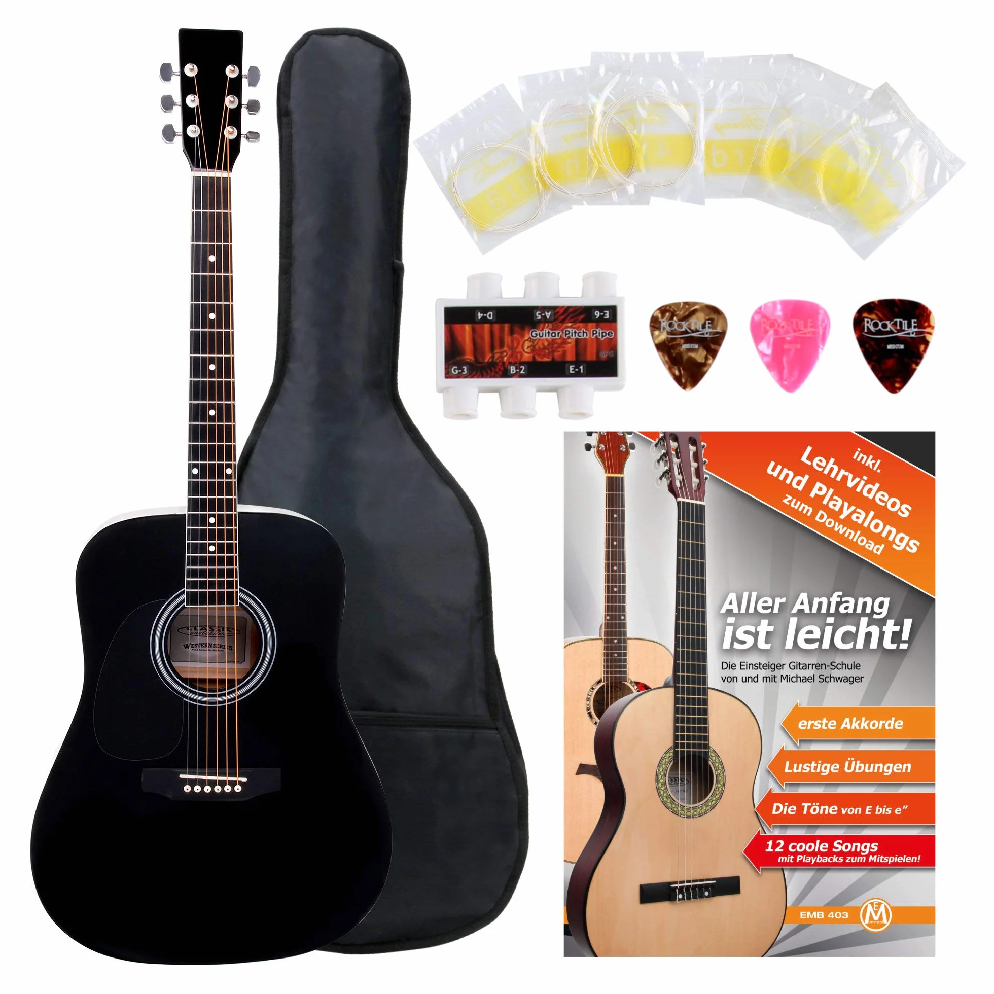 Classic Cantabile WS-10BK-LE Guitarra Western zurda Starter-Set (Dreadnought, 6 cuerdas, 20 trastes) incluye accesorios, funda, cuaderno, cuerdas y púas, color negro.
