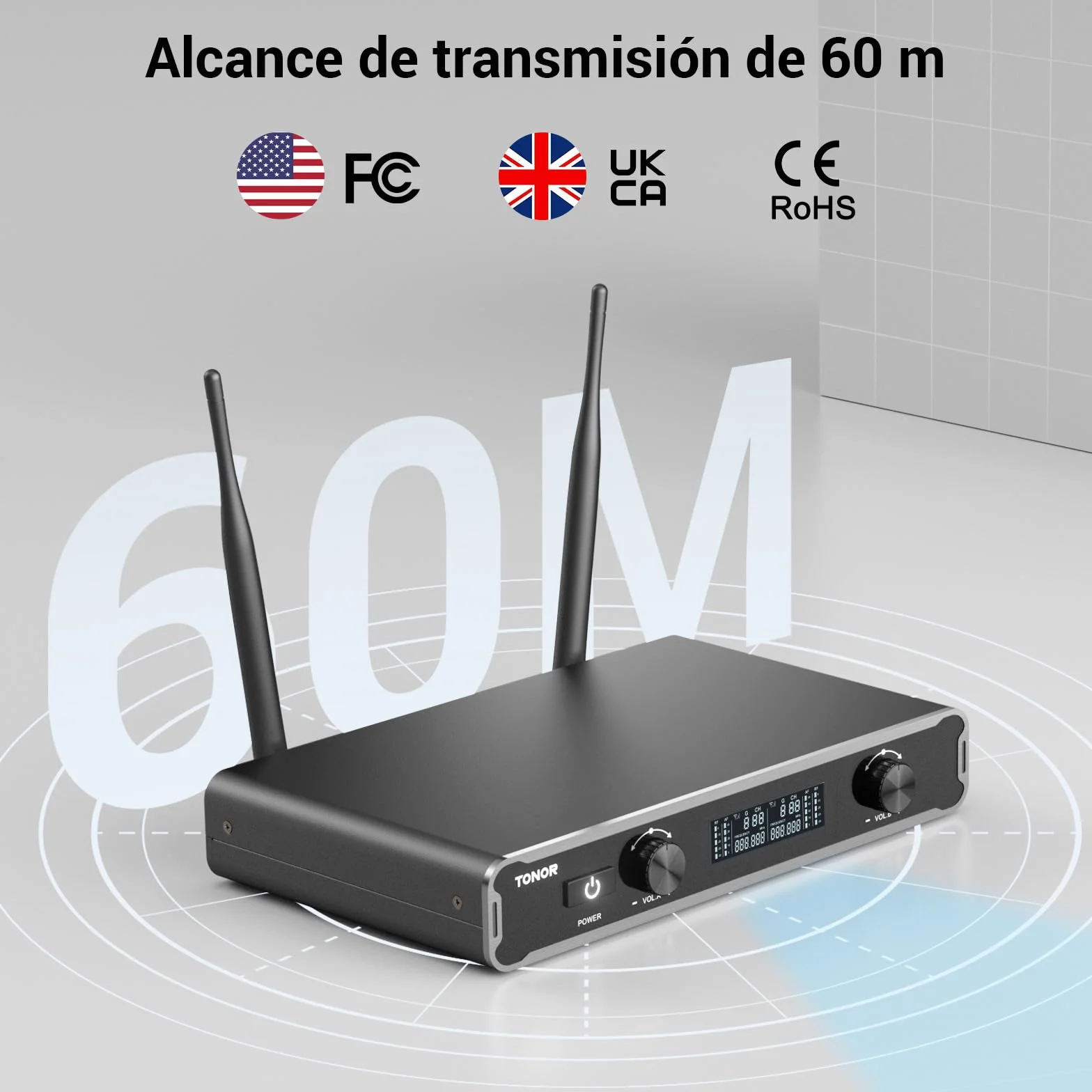 TONOR Micrófonos inalámbricos, Micro de Mano Doble Dinámico, Karaoke Sistema de Mic con Receptor para Karaoke, KTV doméstico, DJ, Boda, Fiesta, Iglesia, 2x5 UHF Frecuencias Ajustables, 60M TW450 Gris