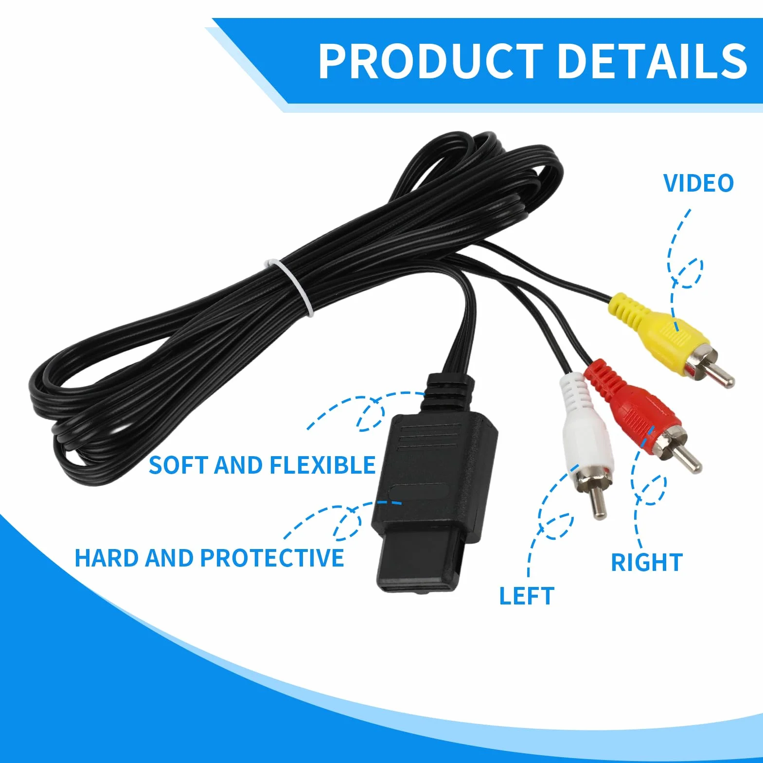 Cable AV para Nintendo Gamecube, N64 y SNES – Cable RCA de audio estéreo y vídeo de 1,75 m (5,8 ft) para alta resolución de imagen y sonido – para televisores y monitores