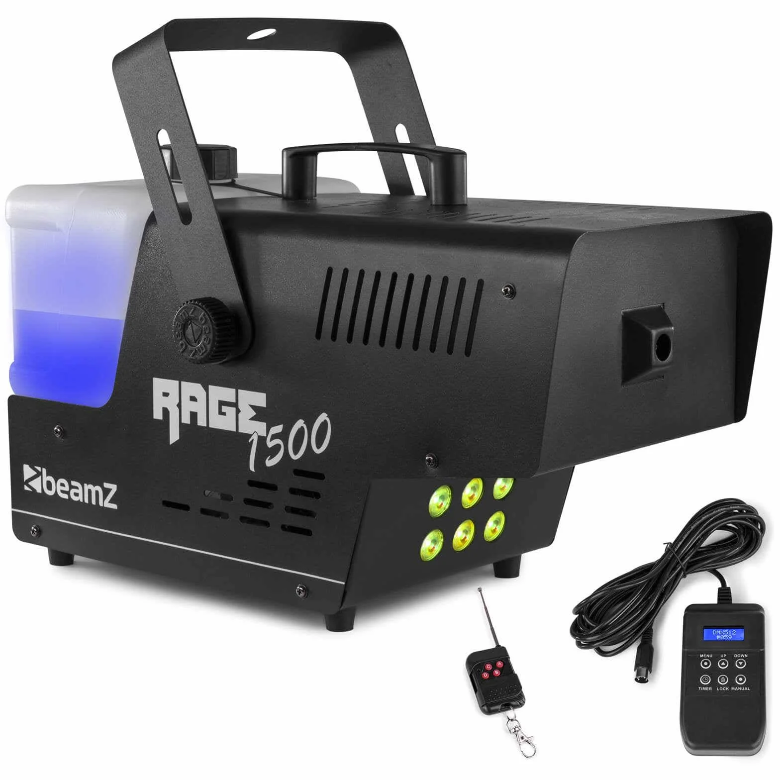 Beamz Rage 1500LED, Máquina de Humo con 6 Leds RGB de 9W, Control Remoto Inalámbrico, 350 m³/min de Humo, Tiempo de Calentamiento 4 min, Ideal Discoteca, Liquido Máquina de Humo, Fiestas, Halloween