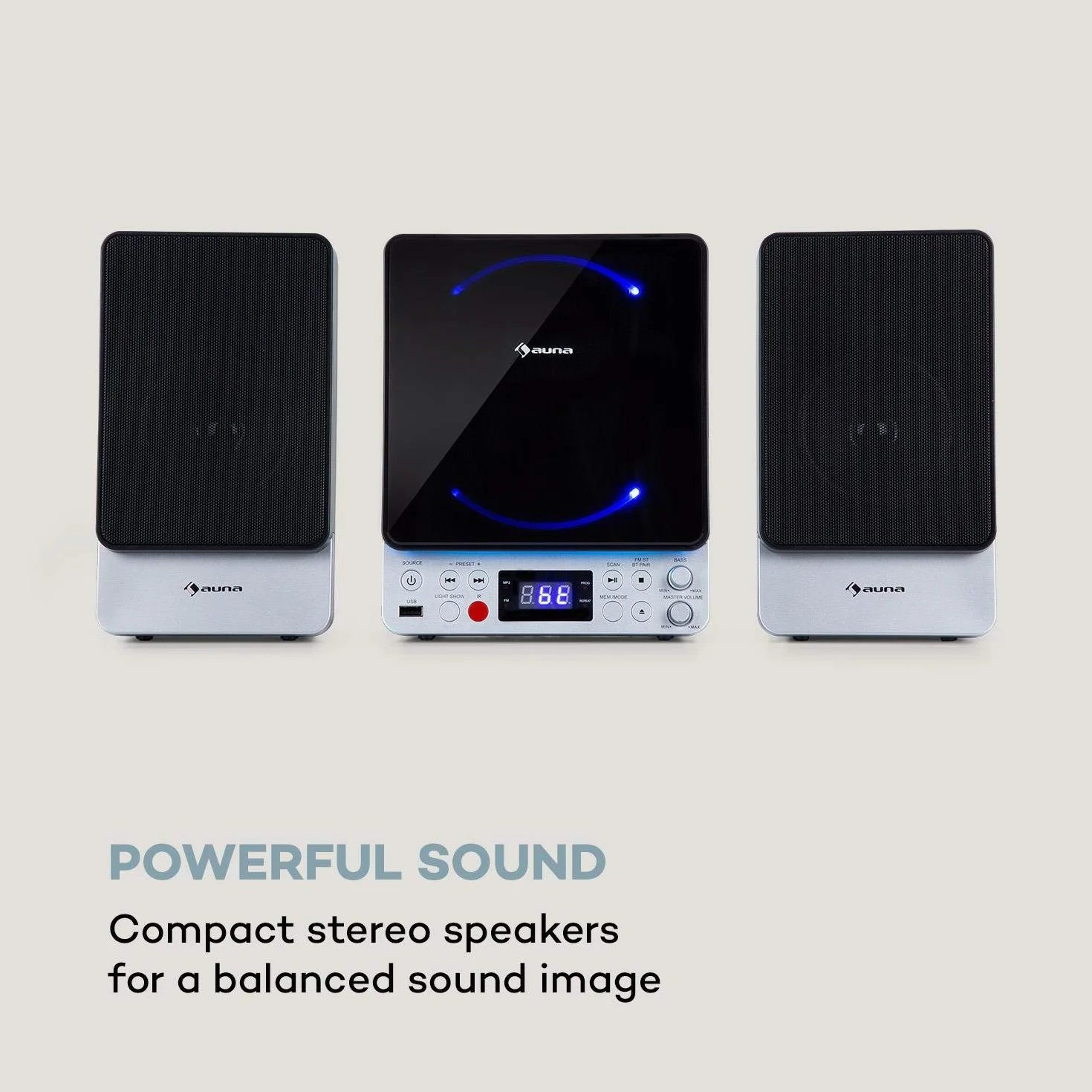 auna Microstar – Minicadena de música Vertical, Reproductor de CD, Bluetooth, Altavoces estéreo, USB, Pantalla LCD, iluminación LED, Vertical o en Pared, Entrada AUX/Salida de vídeo, Plateado