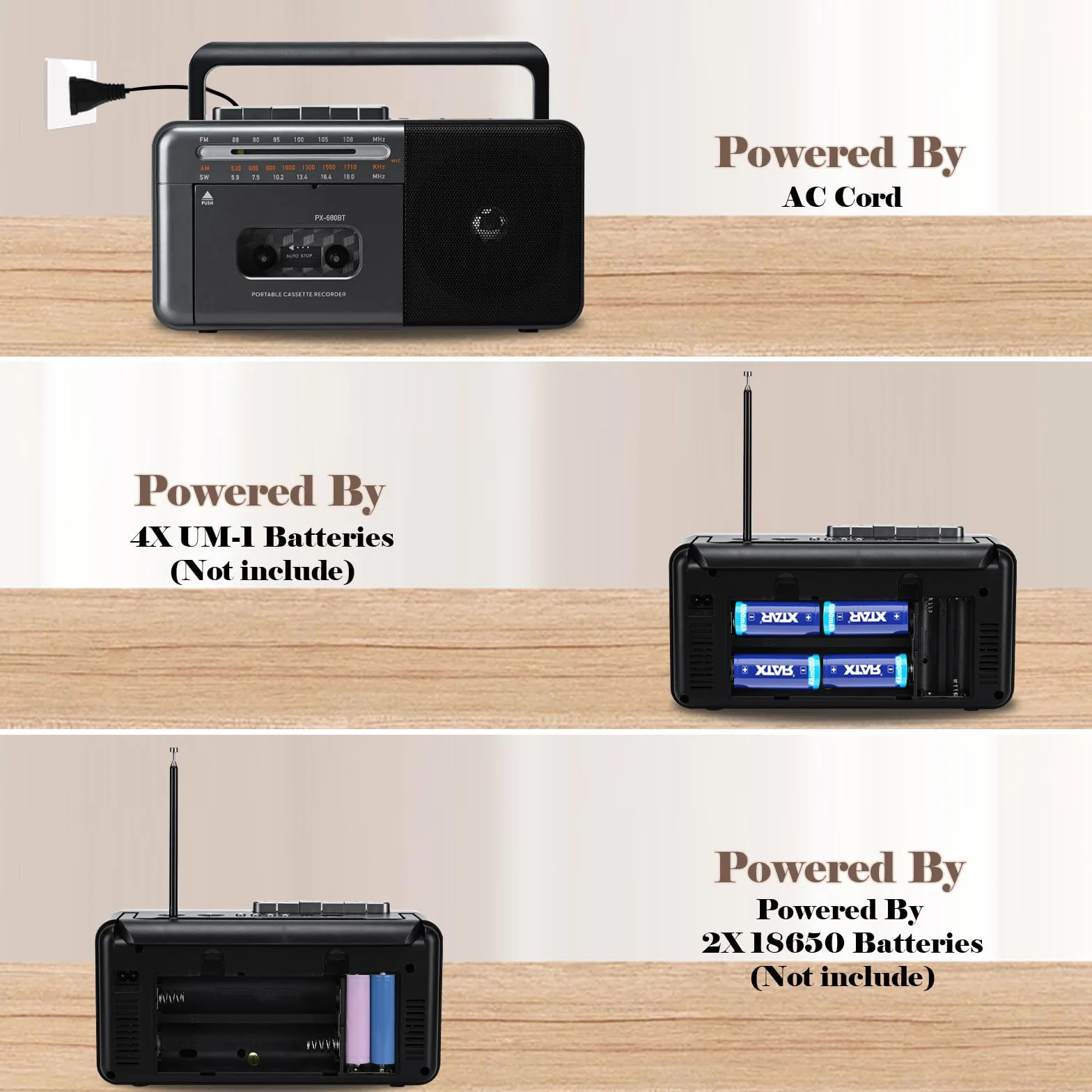 Lychee Grabadora de cinta portátil AM/FM/SW con altavoz integrado, compatible con TF/USB, gris