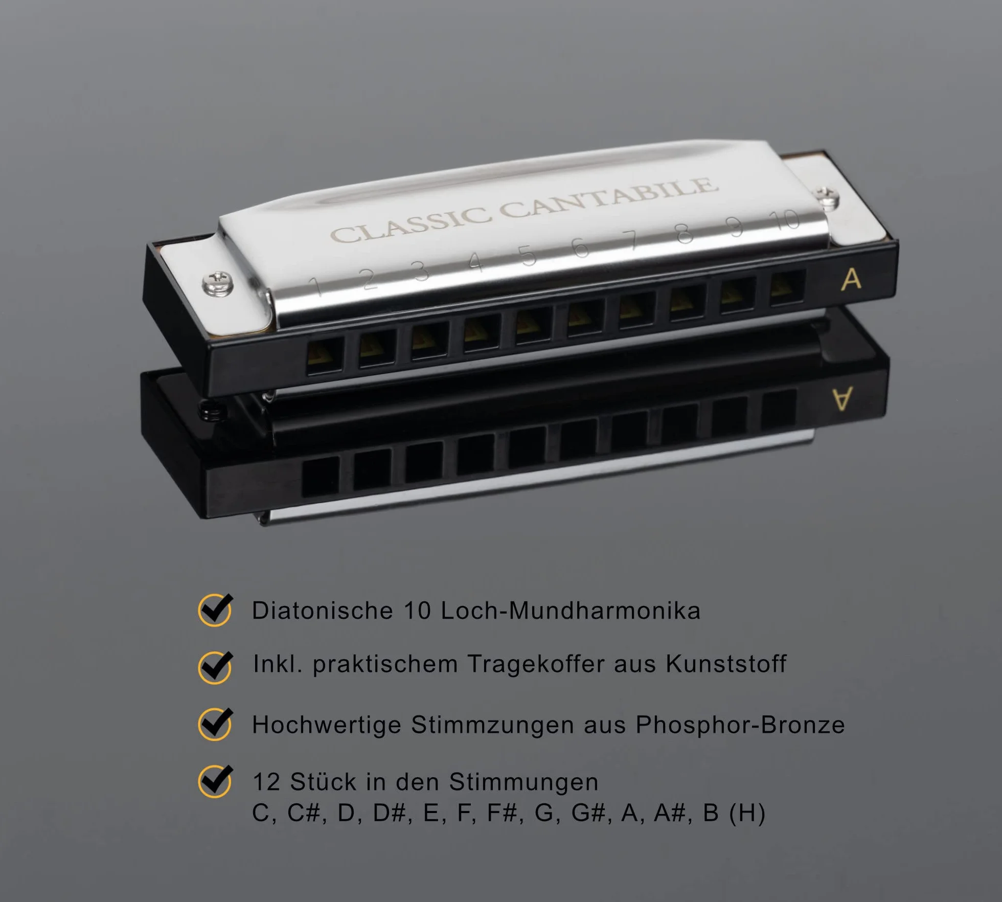 Classic Cantabile AHBS-12 Alabama Blues Harmonica Set De 12 Armónicas Diatónicas En Varias Tonalidades - 10 Lengüetas De Latón - Caja De Acero Inoxidable - Incluye Estuche Y Paño