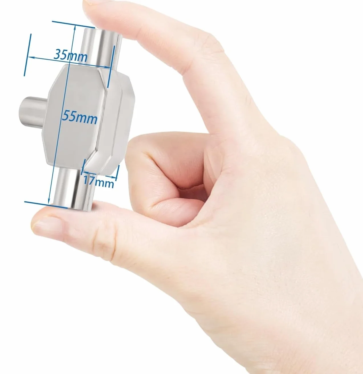 TECHZOCO Distribuidor de TV, Distribuidor de antena, divisor TV, Adaptador antena en T, Divisor Coaxial en T, Adaptador doble coaxial, 5-1000 MHz, DVB-T2, Metálico, 2 salidas Macho a 1 Entrada Hembra