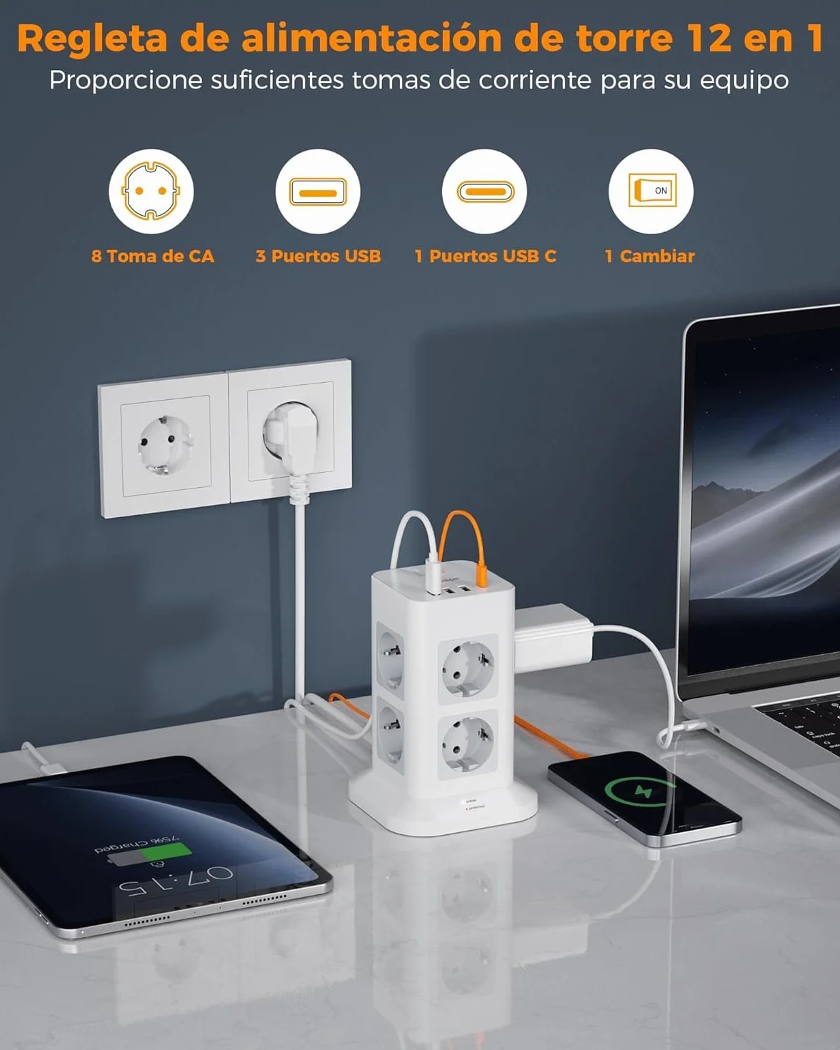 TESSAN Regletas Enchufes Proteccion Sobretension 8 Tomas con 3 USB A y 1 USB C, Torre Enchufes Vertical con Interruptor, 2 Metros Extension Cord, Alargador Enchufe 3600W para Oficina, Casa, Gray