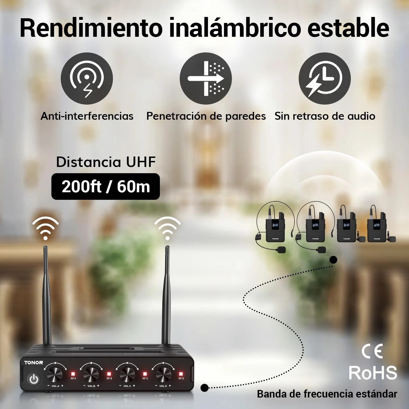 TONOR Set de Micrófono Inalámbrico UHF con 4 Transmisores Bodypack/Headset/Lavalier, 4x5 Frecuencias, Alcance de 60m para Canto, Karaoke, Iglesia, DJ, Sistema de PA y Altavoces, TW364