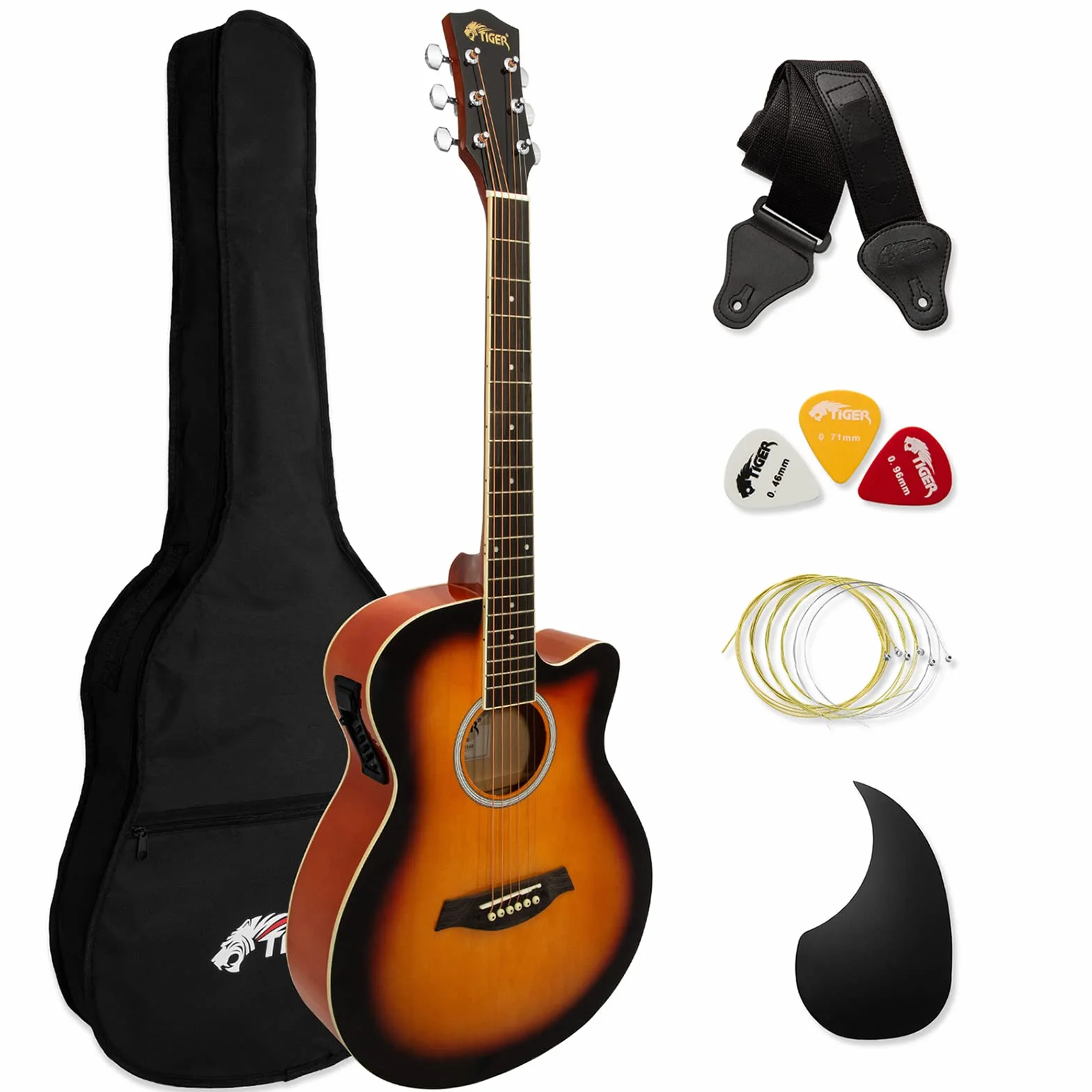 TIGER ACG4-SB Guitarra electroacústica para estudiantes de tamaño completo con ecualizador incorporado, funda, correa, cuerdas de repuesto y púas - Sunburst