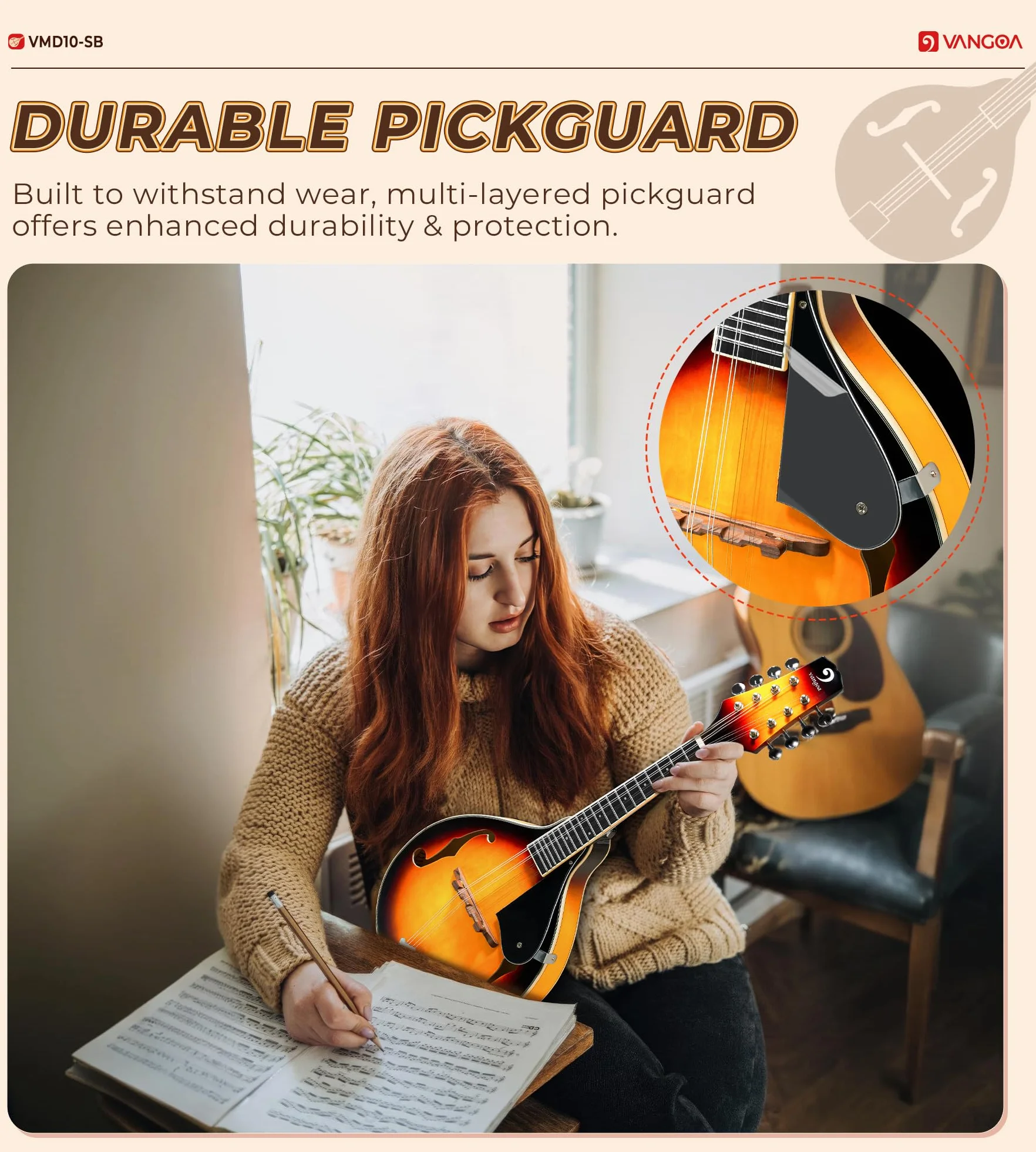 Vangoa Mandolina de 8 Cuerdas Acústica A-Estilo Tradicional Bluegrass Instrumento de Mandolinas para Principiantes, Sunburst