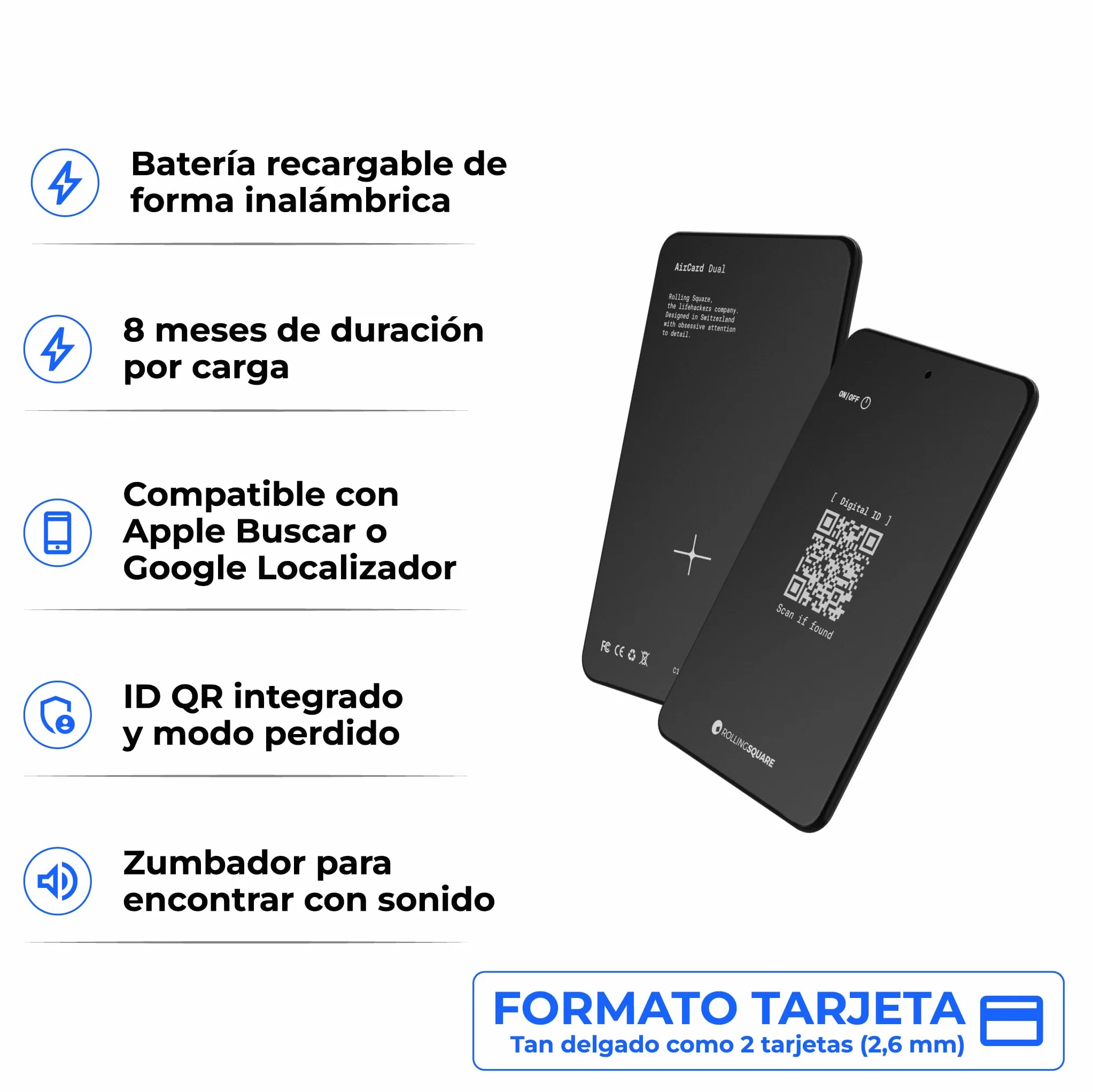 Rolling Square AirCard Dual - Tag Localizador Android y Apple Compatible con Apple iOS Find My y Google Android Find Hub, Carga Inalámbrica Tarjeta Antiextravío, Smart Tag Buscador de Cartera, Negro