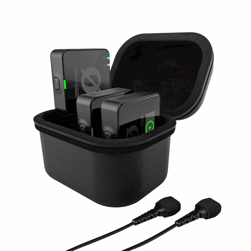 RØDE Wireless PRO Sistema de micrófono inalámbrico compacto con timecode, grabación interna 32 bits flotante, 2 micrófonos lavalier y estuche de carga inteligente para vídeo y contenido
