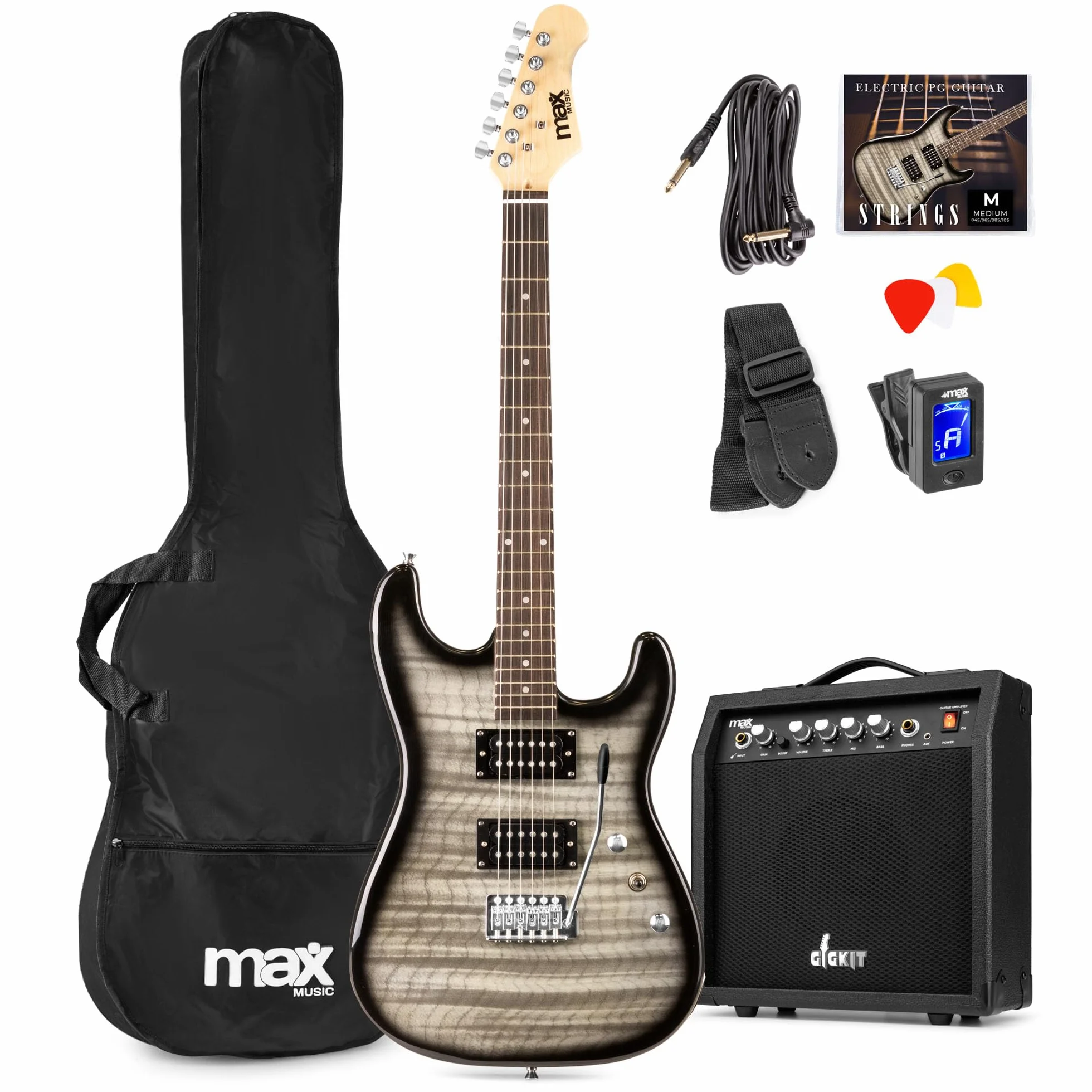 Max GigKit kit guitarra electrica Quilted para principiantes con amplificador de 40W, afinador digital, correa, funda, púas y juego de cuerdas de recambio - Color negro y gris