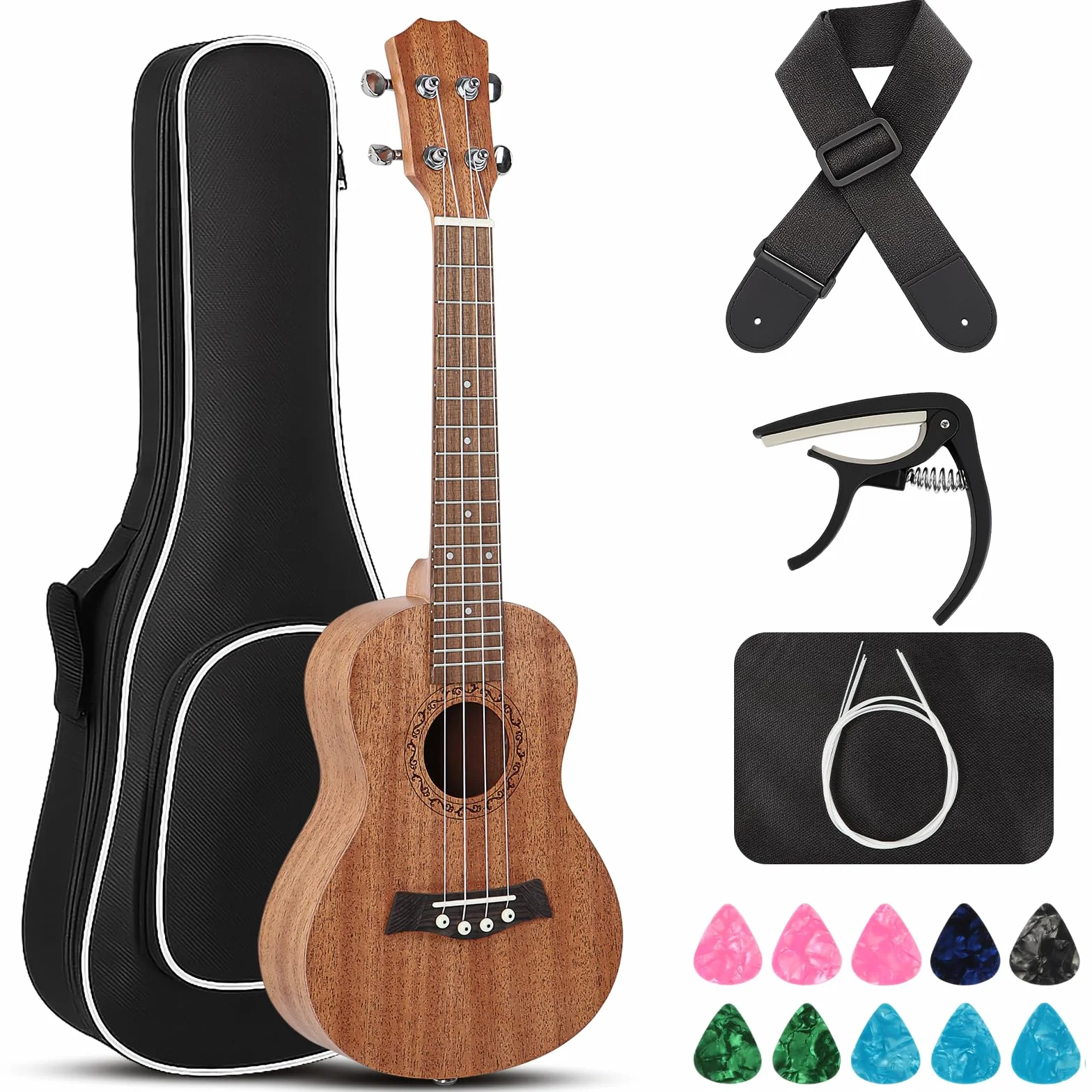 Ukelele de Concierto para Adultos y Niños - Ukelele Soprano Profesional 23" en Caoba Maciza con Sonido Premium, Diseño Elegante y Kit Completo Inicial (Funda, Correa, Púas, Cuerdas)