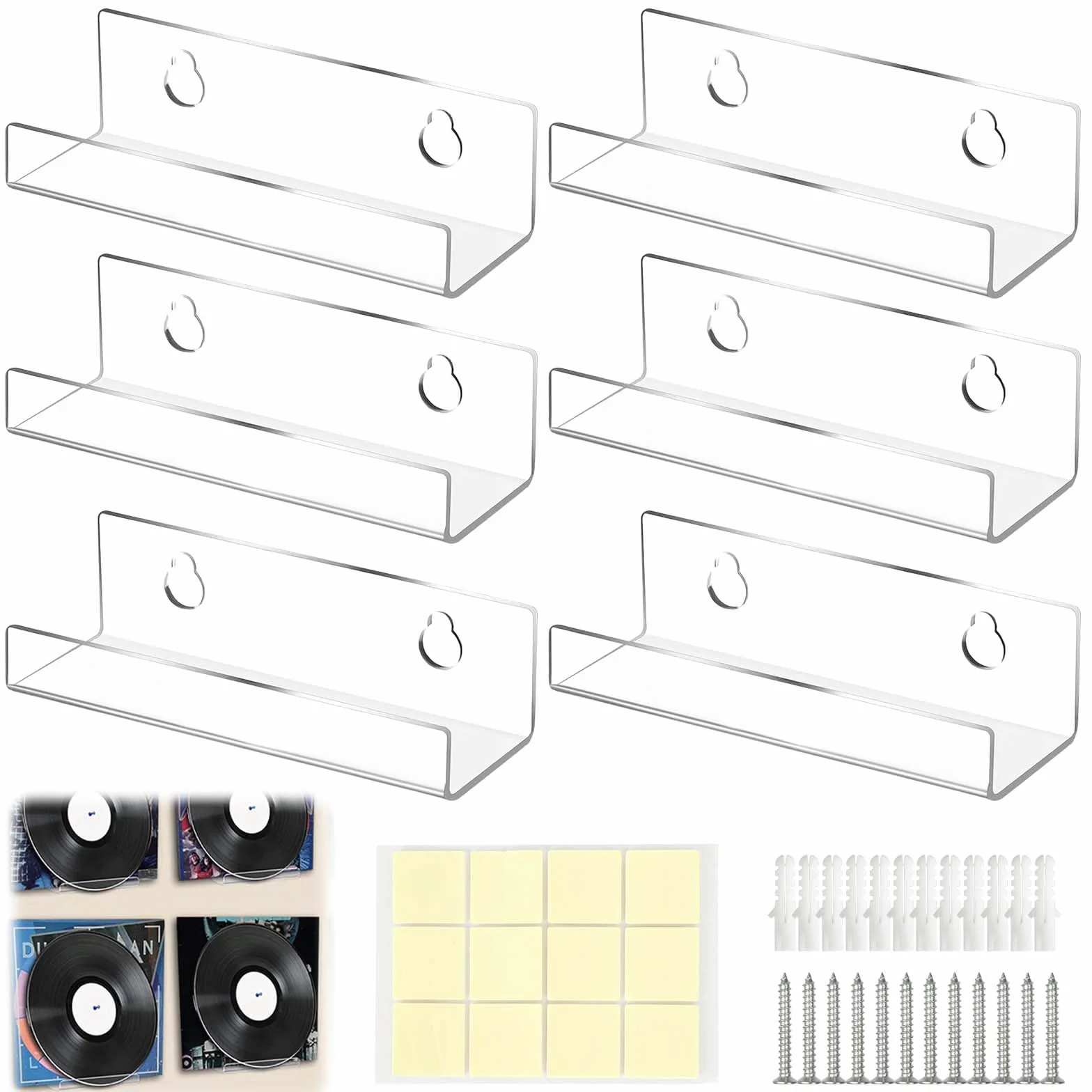 6 Piezas Soporte Vinilos Pared, 4" Transparente Soporte De Pared para Discos De Vinilo para Colecciones CDS, Estante de Acrílico para Discos