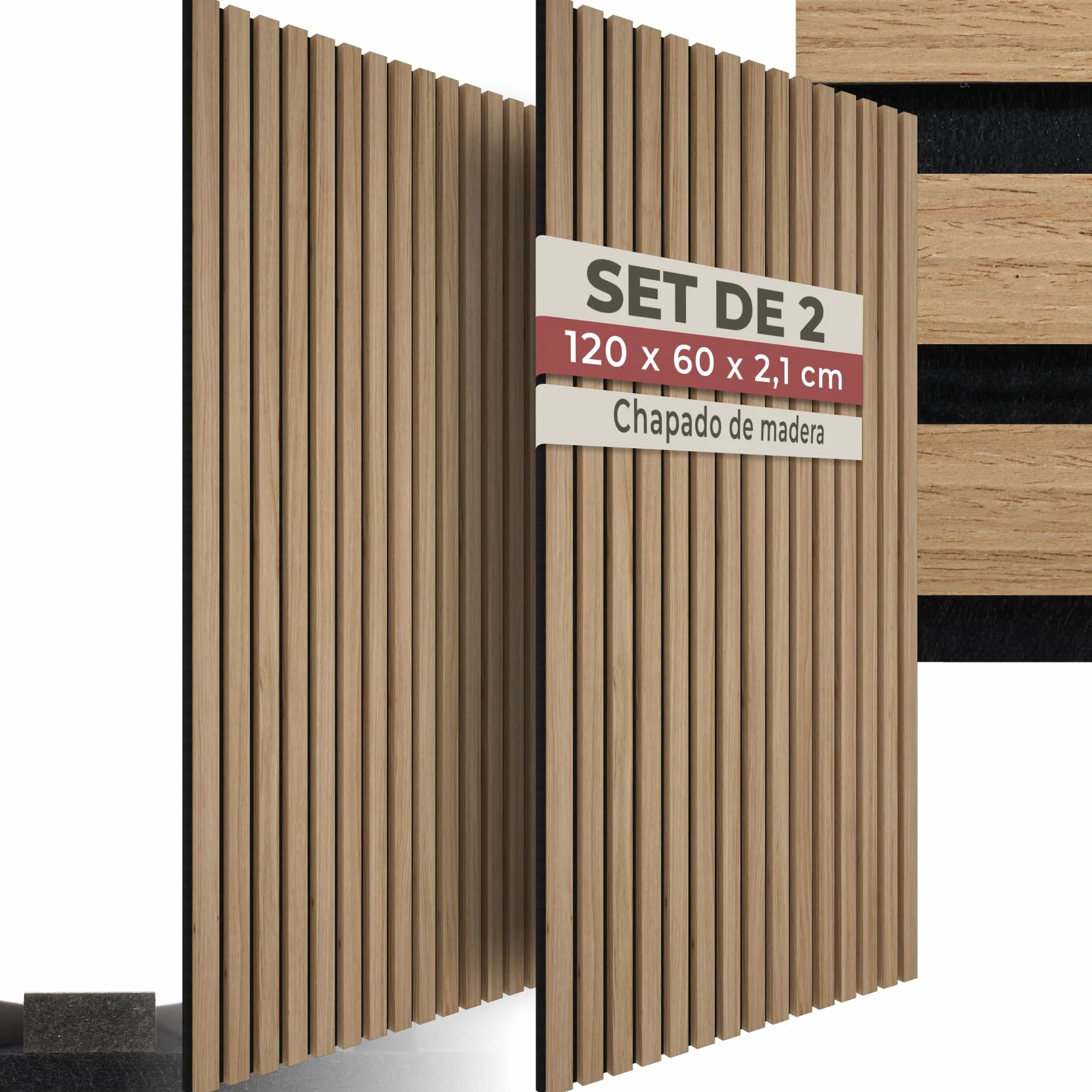 tectake® Paneles de Pared Decorativos MDF, Chapa de Madera Real, Excelente Acústica, Tejido de Fieltro y Madera, Insonorización Acústica Pared - 60 x 120 x 2,1 cm 2 Paneles Roble