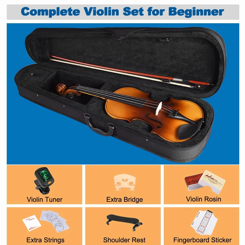ADM Violín 4/4 Tamaño Completo para Principiantes con Afinador de Clip, Pegatina para el Diapasón, Cuerdas Extra, Estuche Rígido, Arco de Rana Enony, Reposahombros, Colofón