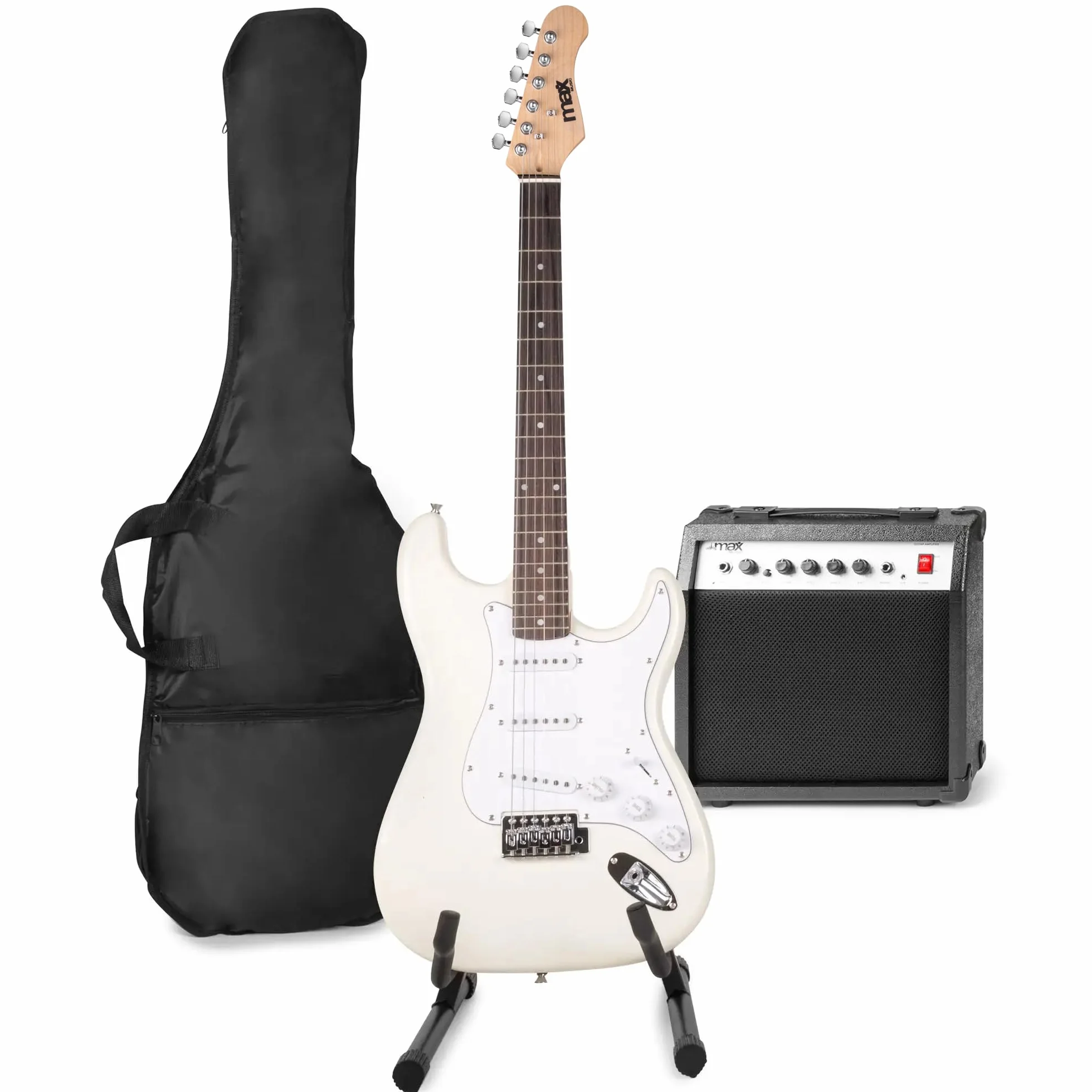 MAX GigKit kit completo de guitarra eléctrica blanco con amplificador de 40W, soporte, funda, afinador digital, cable de instrumento, correa ajustable, púas y cuerdas de repuesto incluidas