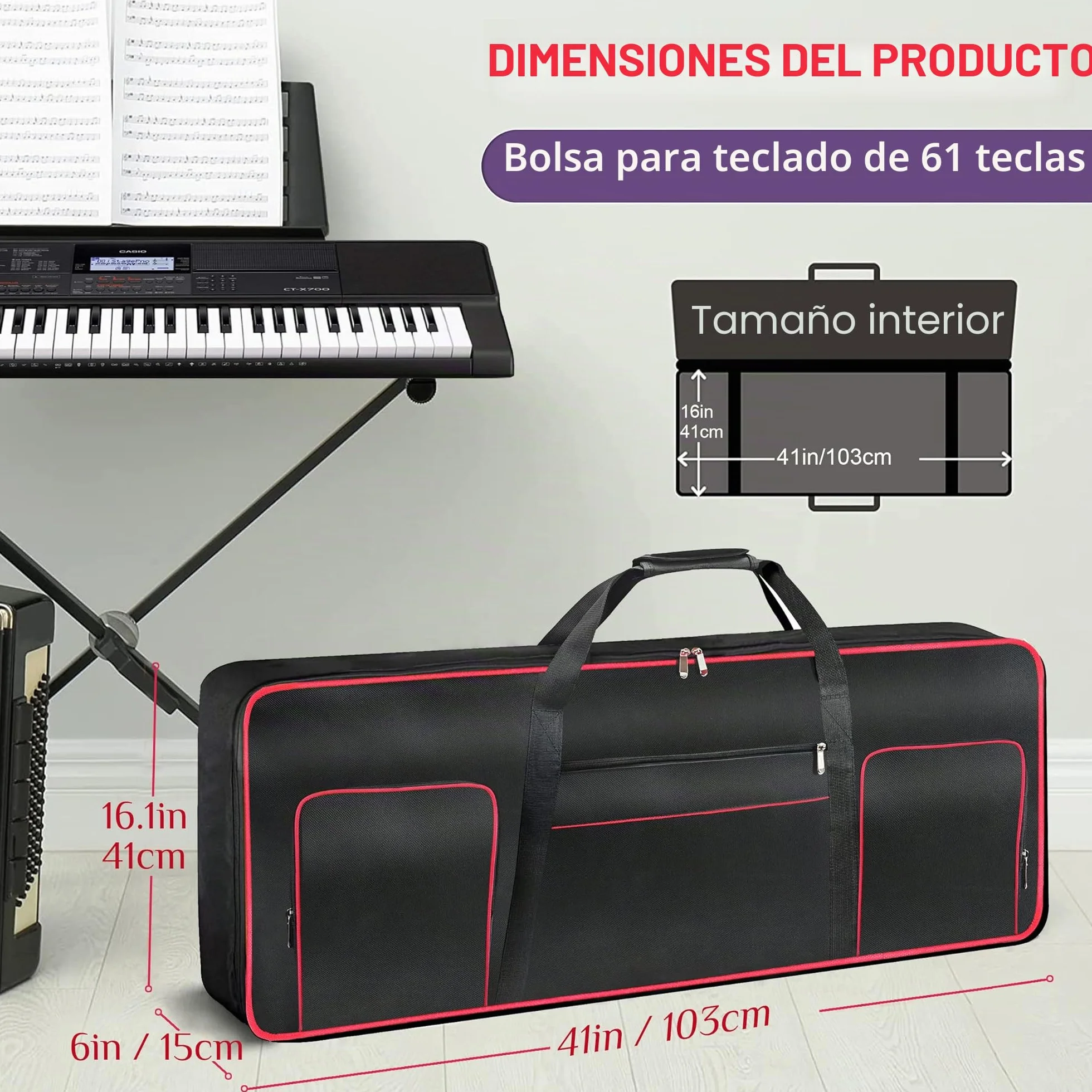 Funda para Teclado de 61 Teclas, portátil, Duradera, Impermeable, Tela Oxford 600D con Funda Acolchada de algodón de 10 mm, Bolsa de Concierto de 40 x 16 x 6 Pulgadas, Negro -, Moderno