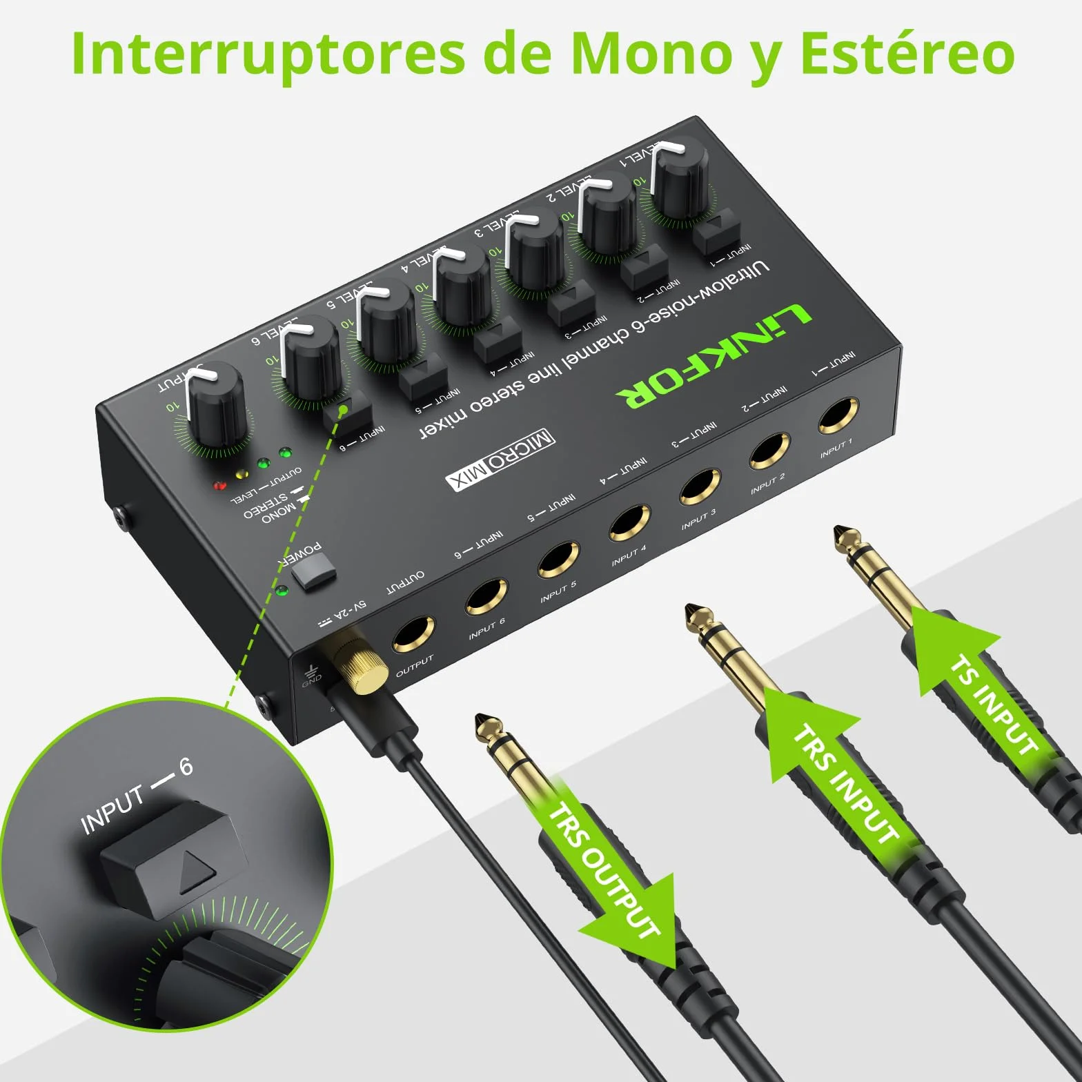 LiNKFOR Mini Mezclador de Audio Estéreo de 6 Canales Compacto Mezclador de Audio Control de Volumen Independiente Mini Mixer de Audio DC 5V USB-C con 6.35mm Cable de Audio para Micrófonos, Altavoces