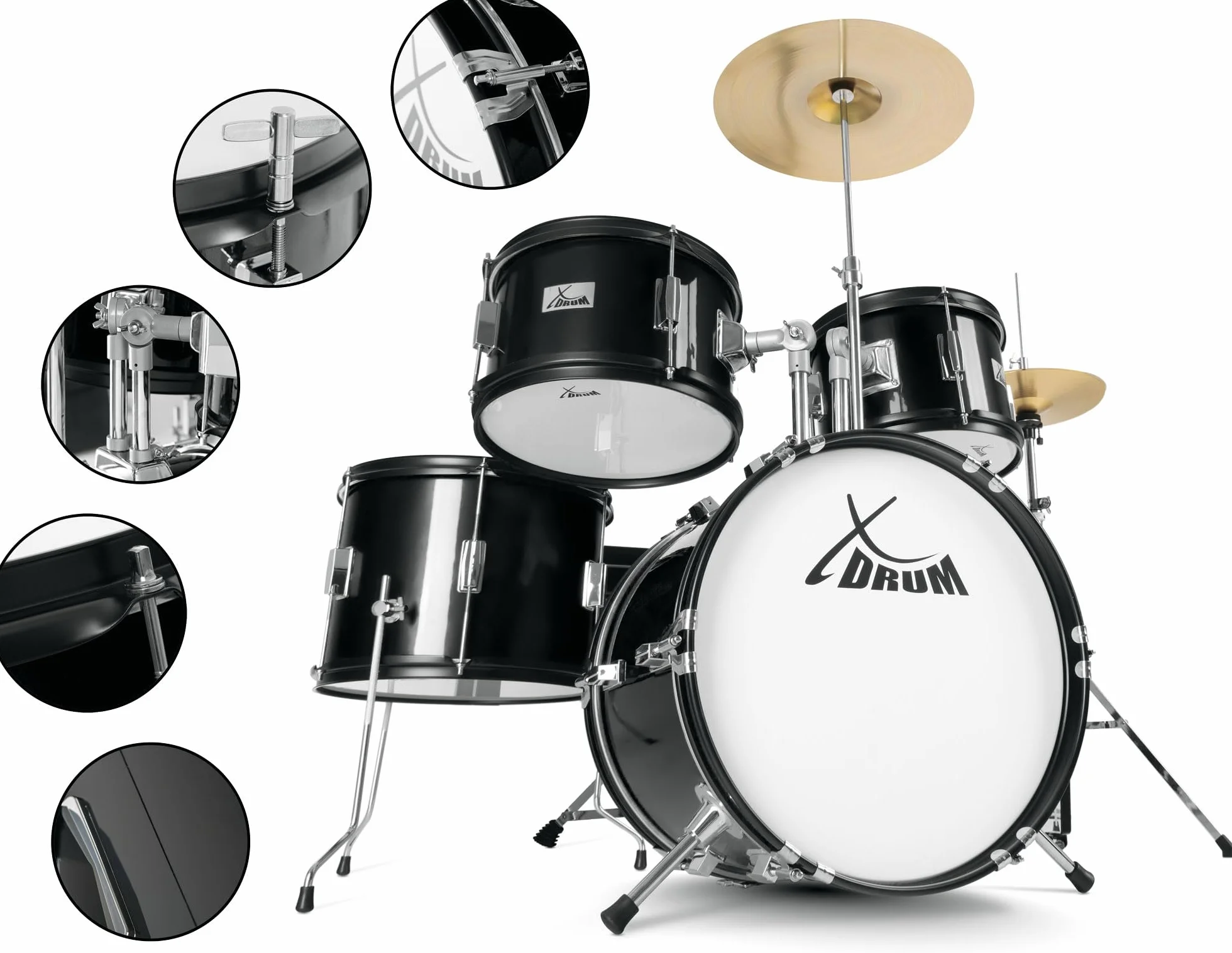 XDrum Junior Pro Batería Infantil Black - adecuada de 5 a 9 años - Set de batería con accesorios completos - incl. escuela - Negro