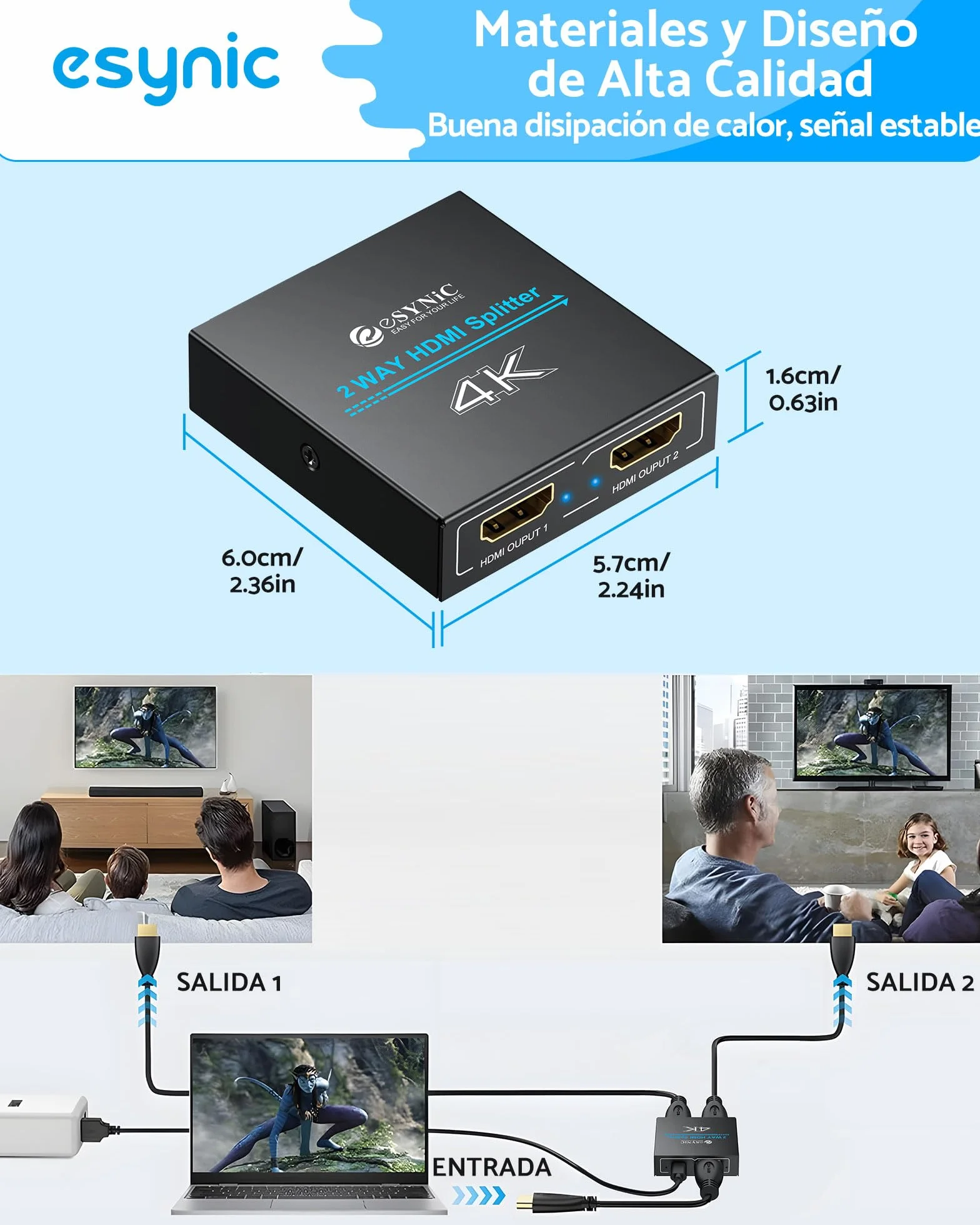 eSynic HDMI Splitter 4K/30HZ HDMI Amplificador 1 Entrada y 2 Salidas con Cable HDMI de 1 m y Cable USB-C HDCP 1.4 Soporta 4K& Full HD para HDTV PS4 Reproductor de BLU-Ray Laptop etc