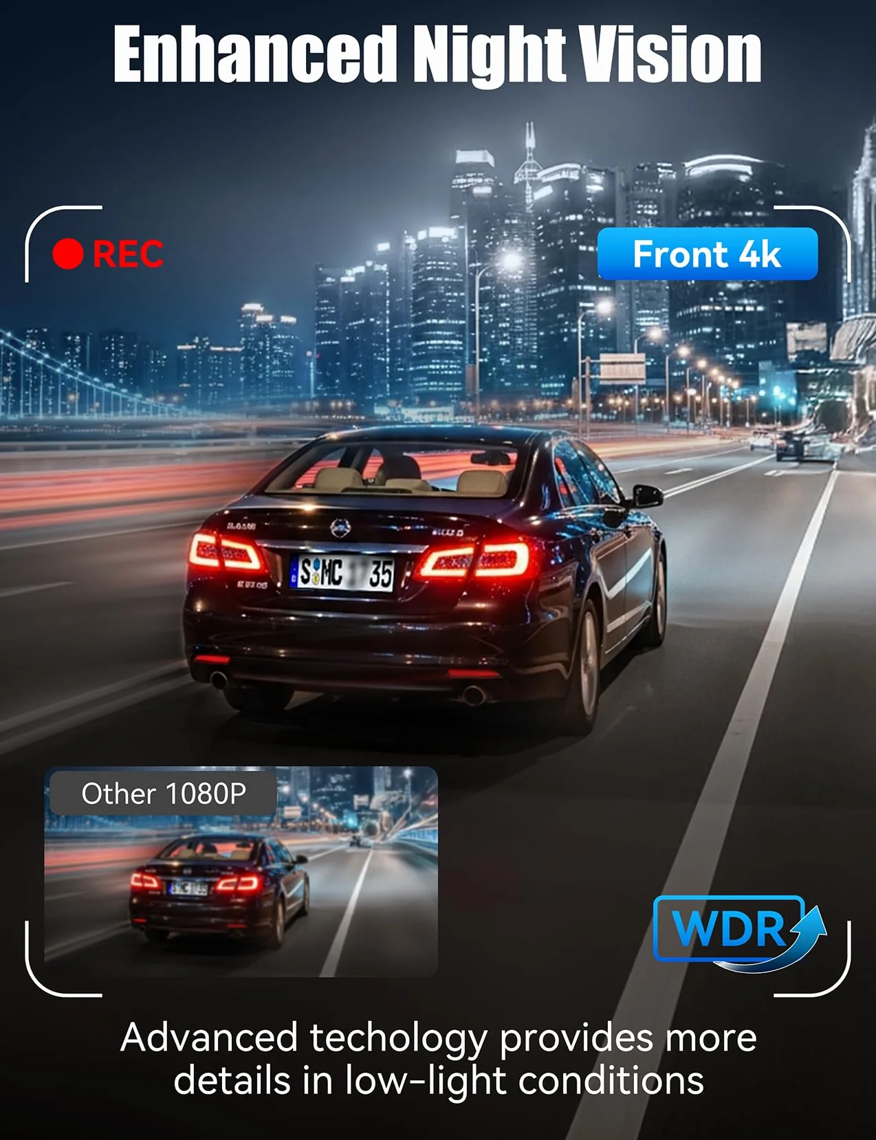 3 Canales Dash CAM Coche, 4K+1080P Camara Coche con WiFi & App Controlcon, Tarjeta 64G, Super Visión Nocturna, Gran 170°, WDR, Grabación de Bucle, G-Sensores, Monitor de Aparcamiento (Negro)