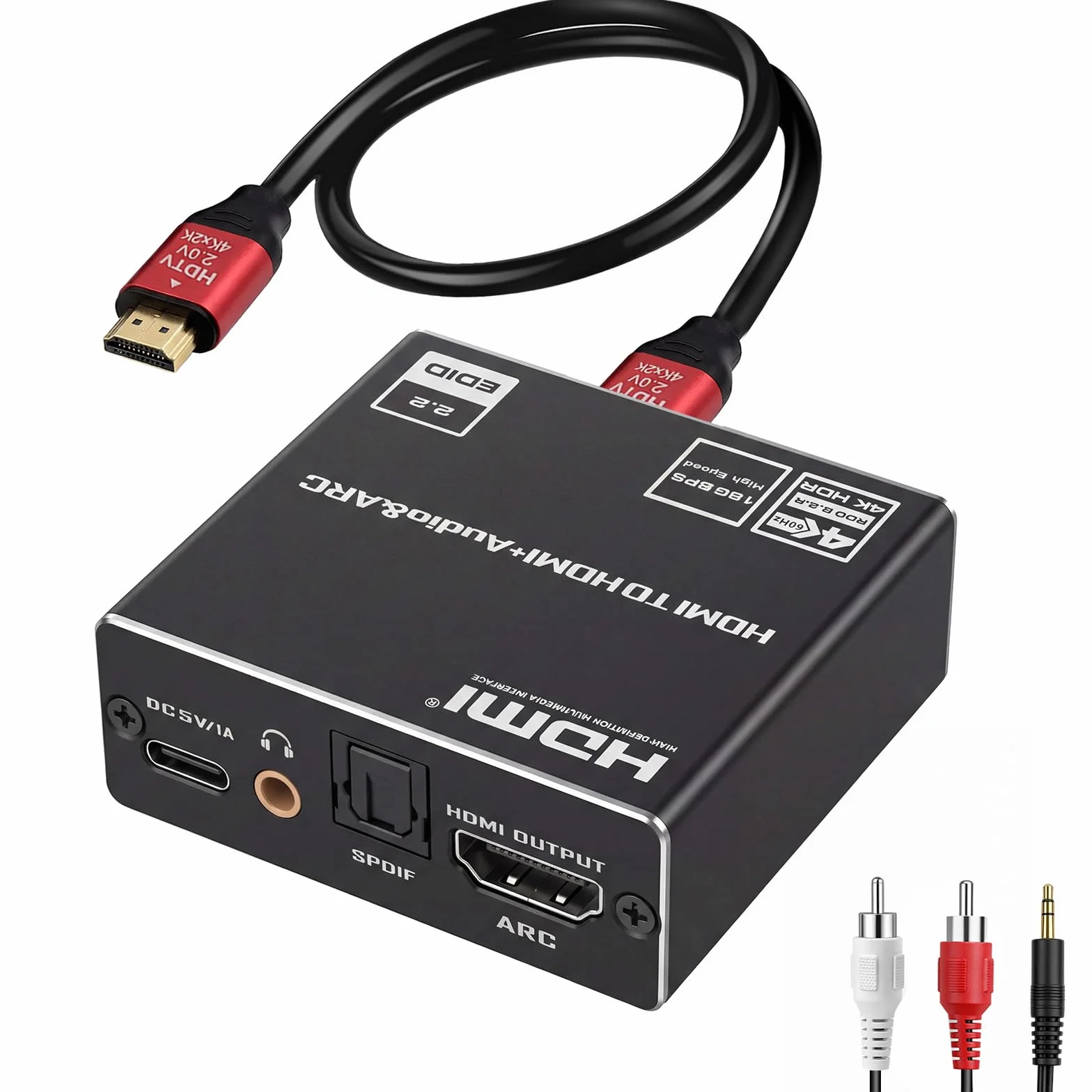 Extractor de audio HDMI ARC 4K 60Hz, adaptador óptico HDMI a 3.5MM convertidor divisor, convertidor DAC digital analógico de 192 KHz, SPDIF TOSLINK óptico y salida de audio estéreo de 3,5MM. Soporta