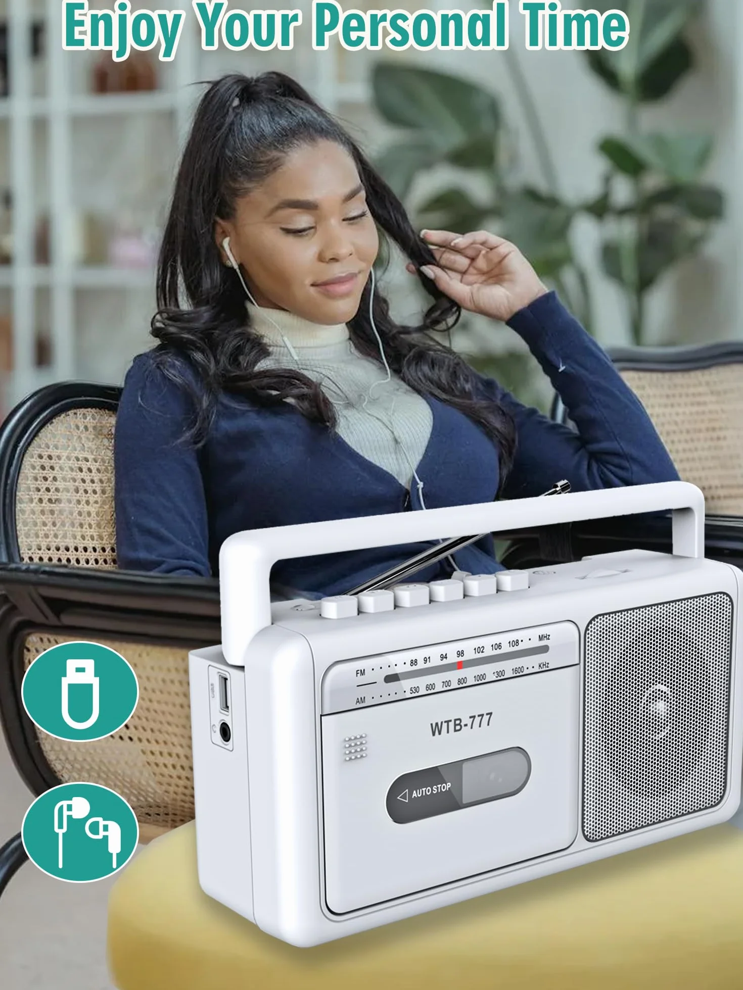 Reproductor de Casete Portátil, Radio estéreo Am/FM con Bluetooth, USB, Conector para Auriculares, Grabador de Casete portátil para casa o al Aire Libre