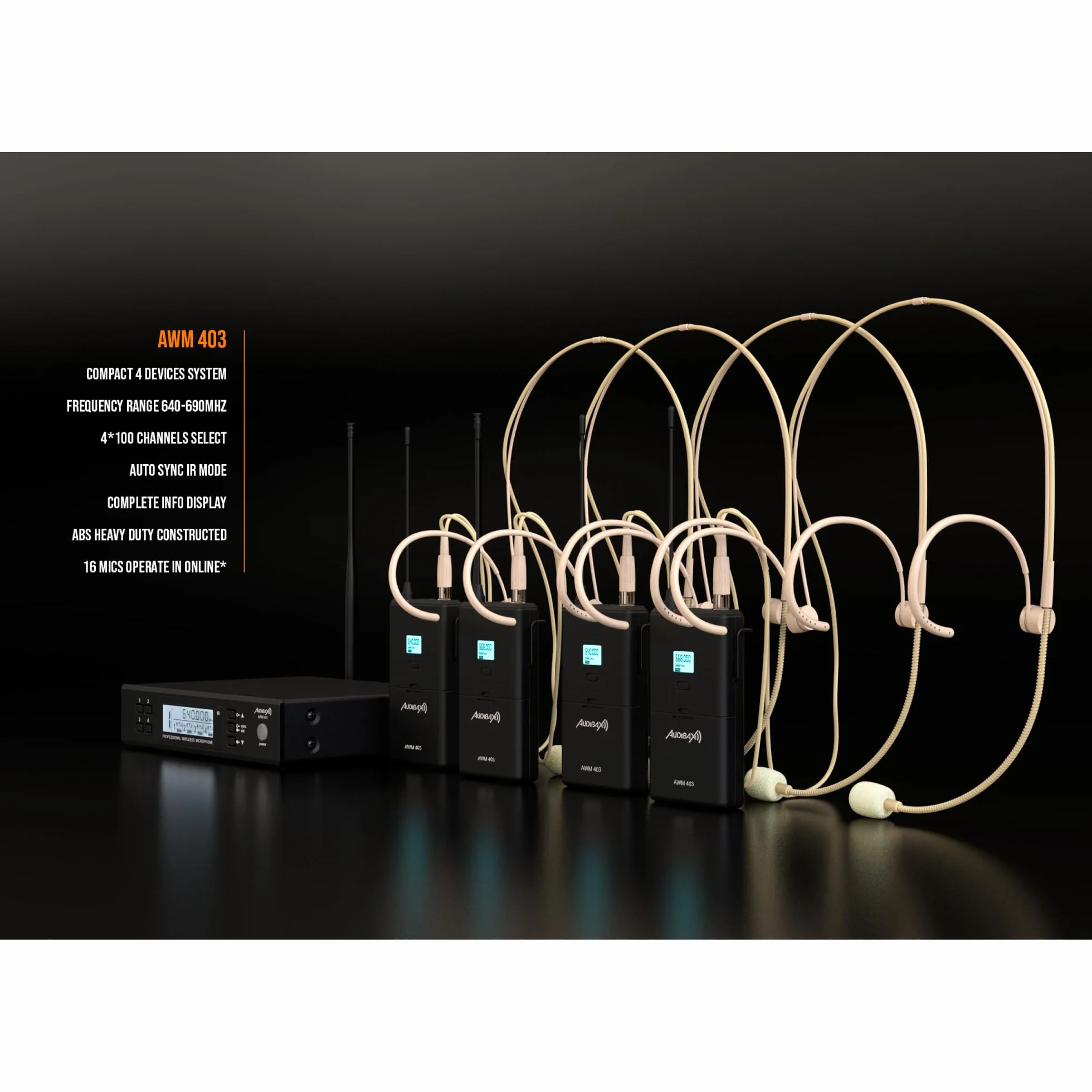 Audibax AWM 403 Sistema Inalámbrico Micrófono Diadema de 4 Canales UHF