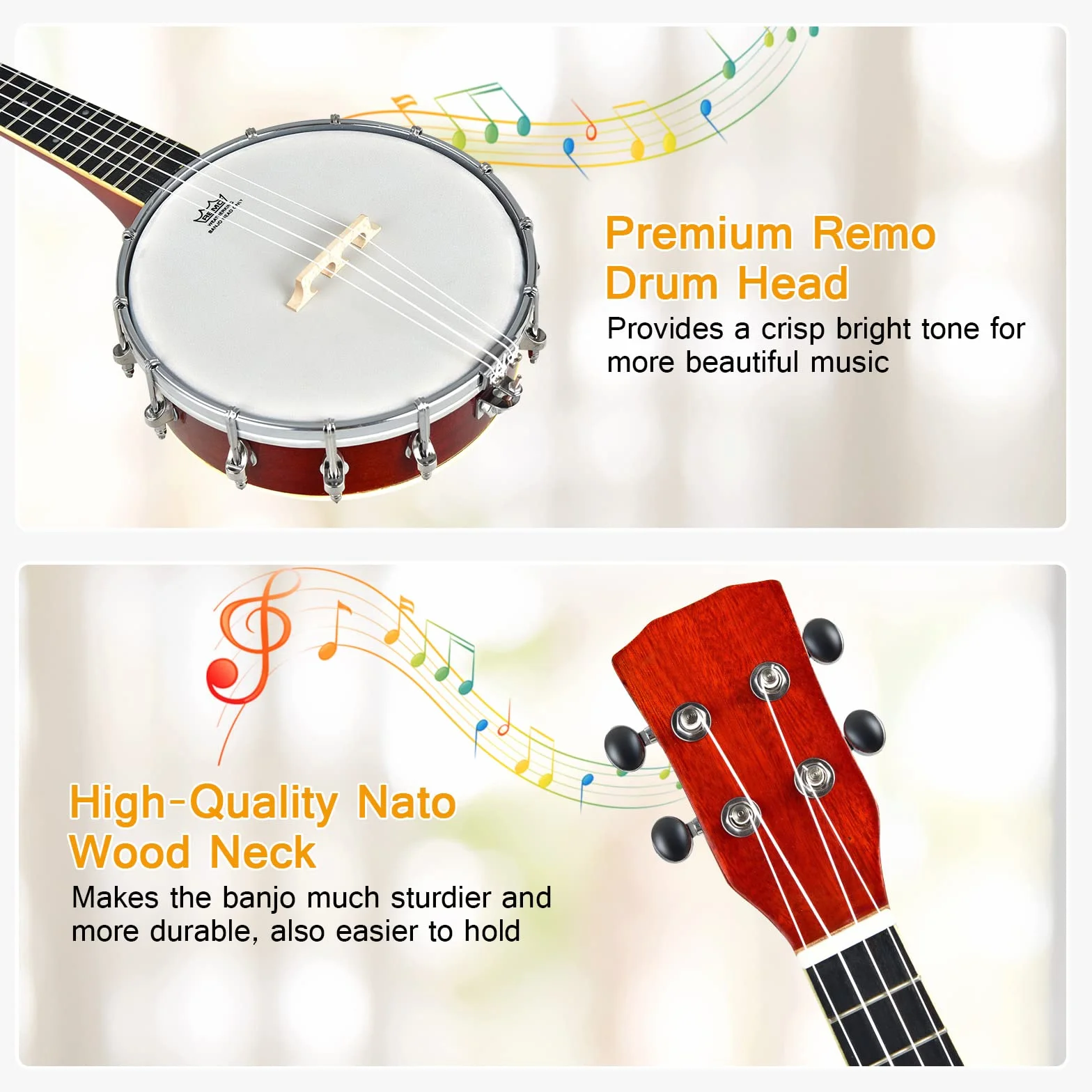 RELAX4LIFE Banjo de 4 cuerdas y 12 soportes portátil con bolsa, parte trasera sólida y cerrada y remo tambor, kit pequeño ukelele banjo de 62,5 cm, para niños, adultos, principiantes
