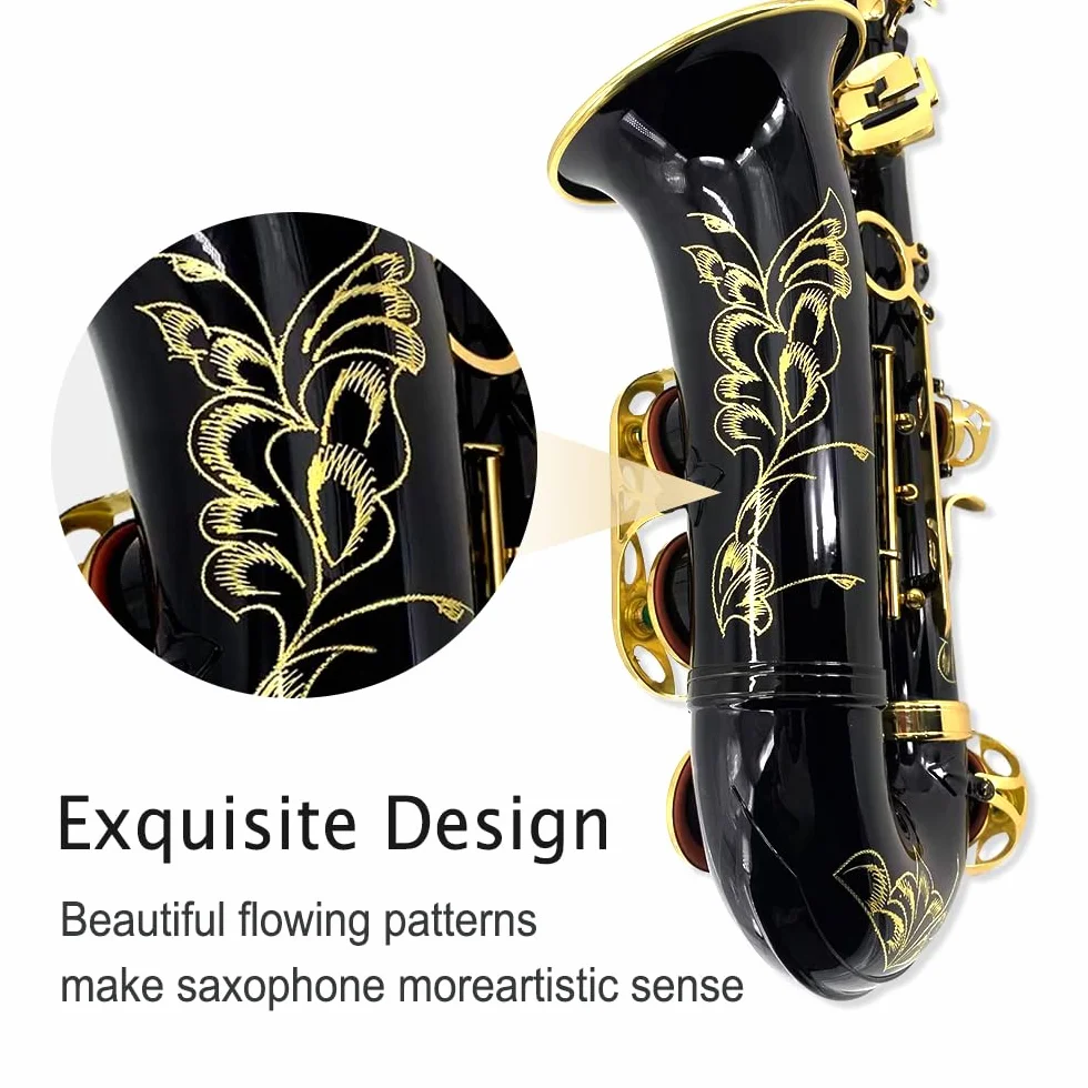 Saxofón alto Eb para principiantes, kit completo de saxofón con funda dura, boquilla, correa para el cuello, lengüetas, kit de limpieza, ideal para estudiantes y profesionales (negro)