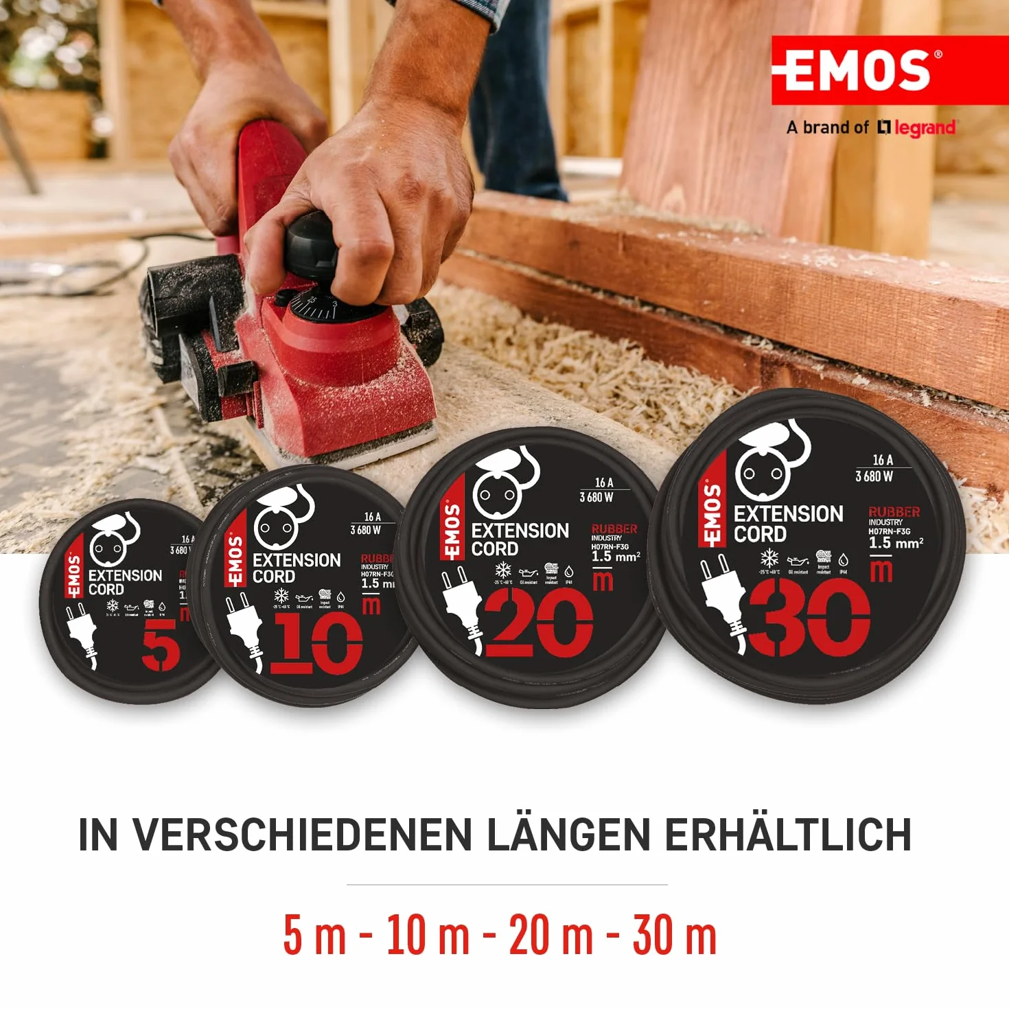 EMOS Przedłużacz IP44 5m Schuko 230V 16A 3680W H07RN-F3G 1.5mm² Czarny
