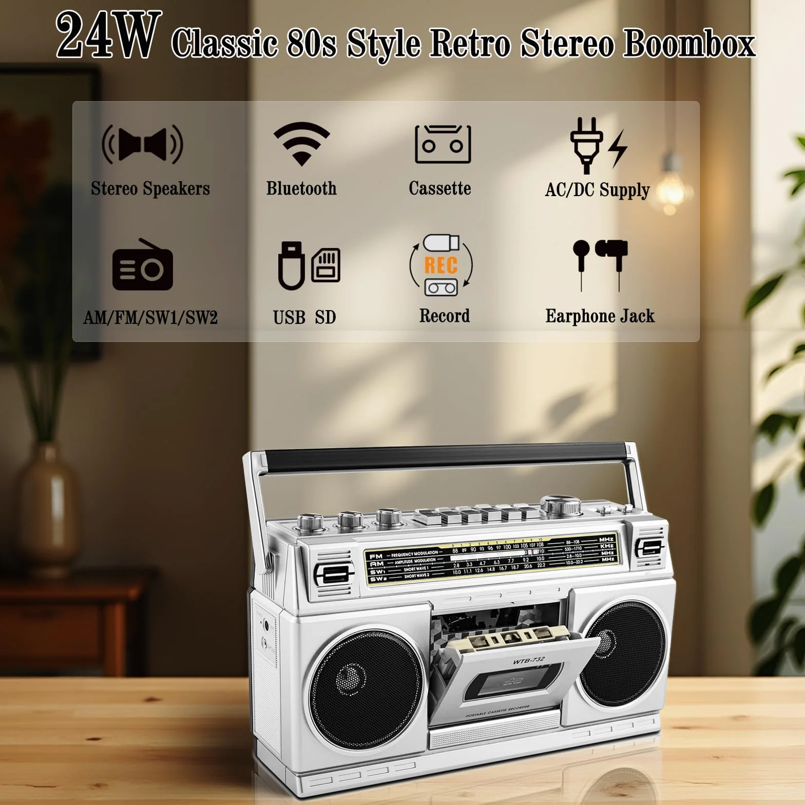 Boombox Retro de los 80 con Bluetooth y Reproductor de Casete | Radio Am/FM/OL, Sonido de Graves Potente 24W, Reproducción USB & Micro SD - Toma de Auriculares y Portátil para Interior/Exterior