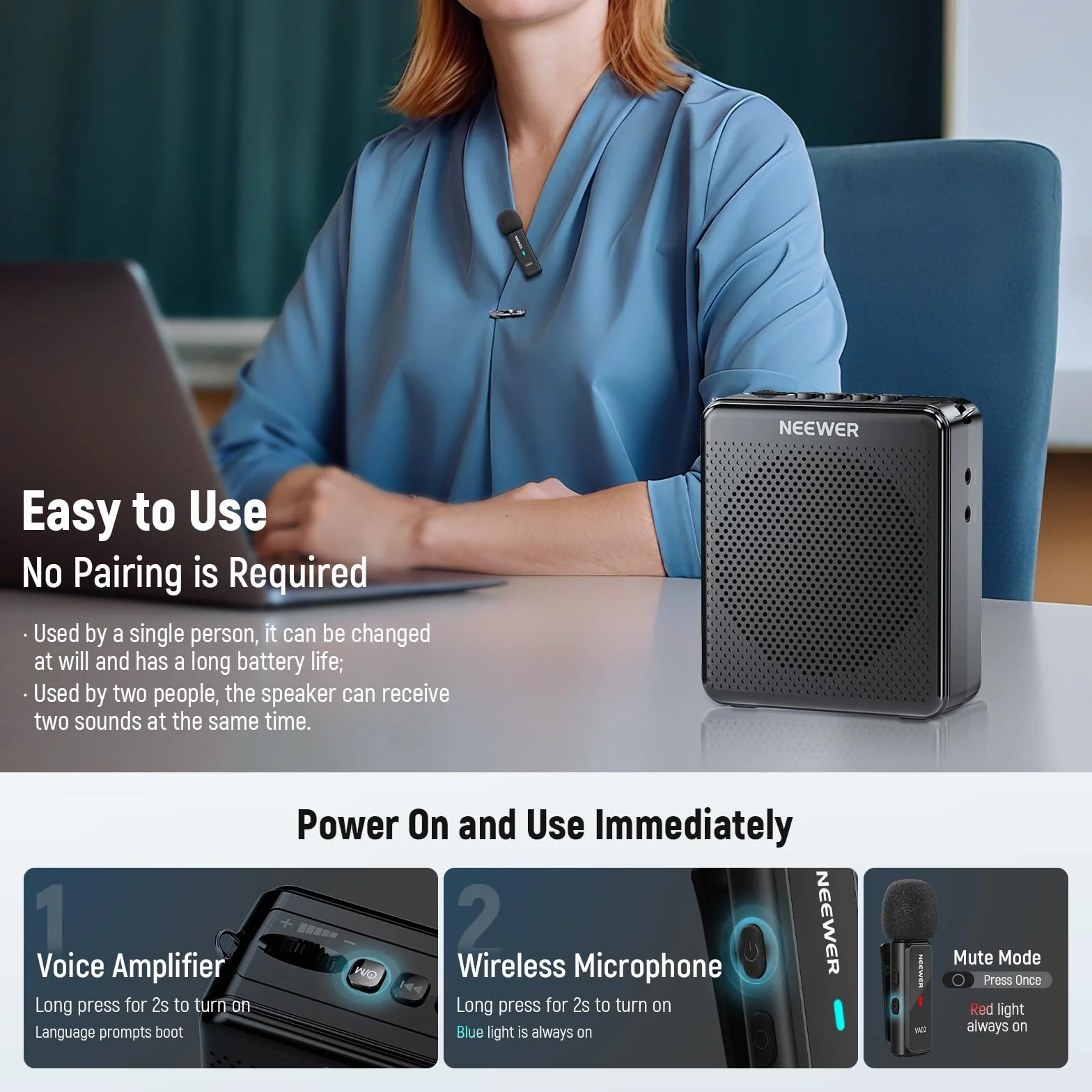NEEWER VA02 Amplificador Voz con Micrófono Inalámbrico, Mini Altavoz Portátil Recargable USB C Cancelar Ruido Megáfono & Mic Set, 10 Hrs Duración, Alcance15m para Profesores Formadores Tour Guides