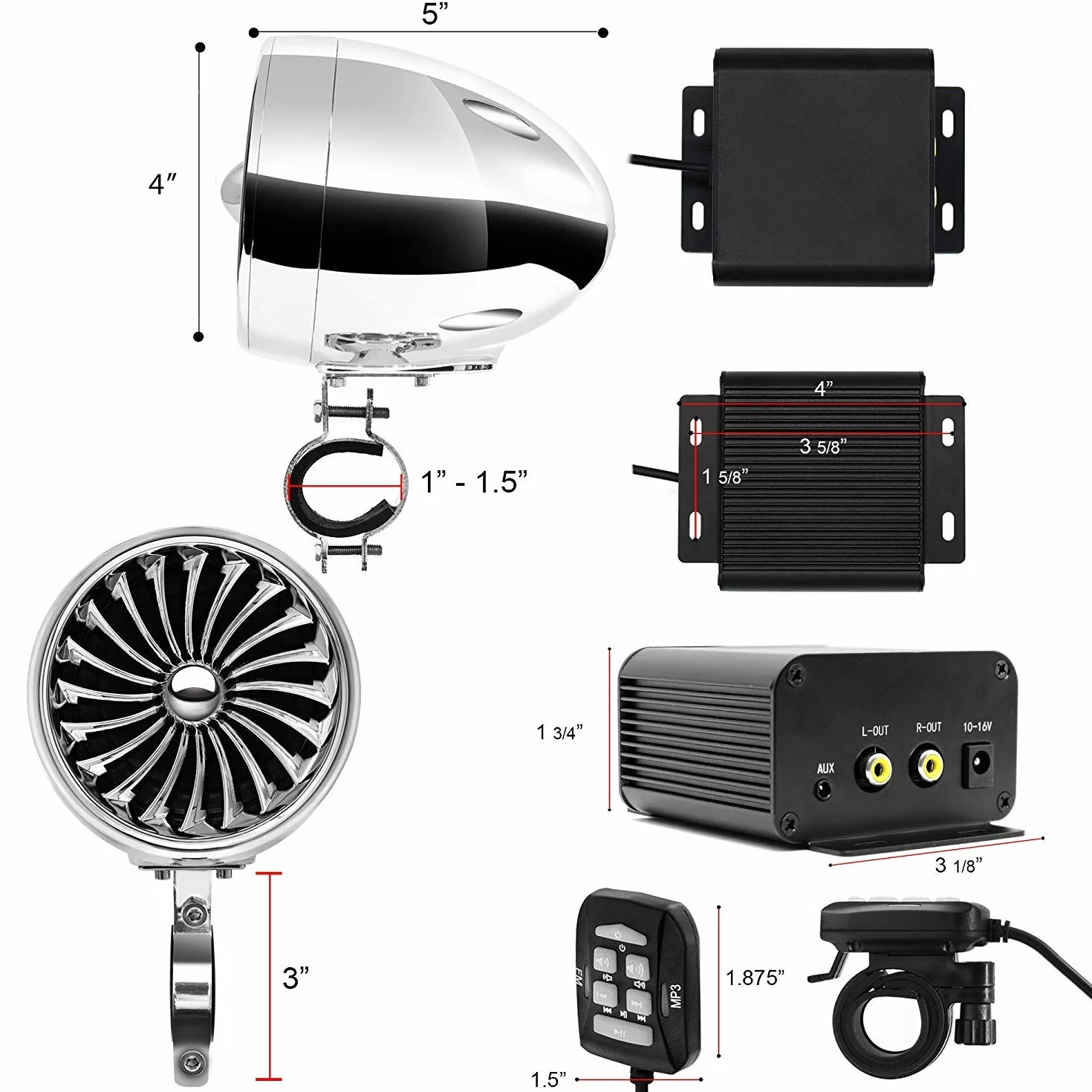 M150 Sistema de Audio con Amplificador de Moto con AUX, MP3, Radio FM, 4 Pulgadas de Altavoces estéreo Bluetooth Impermeables para Motocicletas ATV UTV RZR (Cromo, Ventilador)
