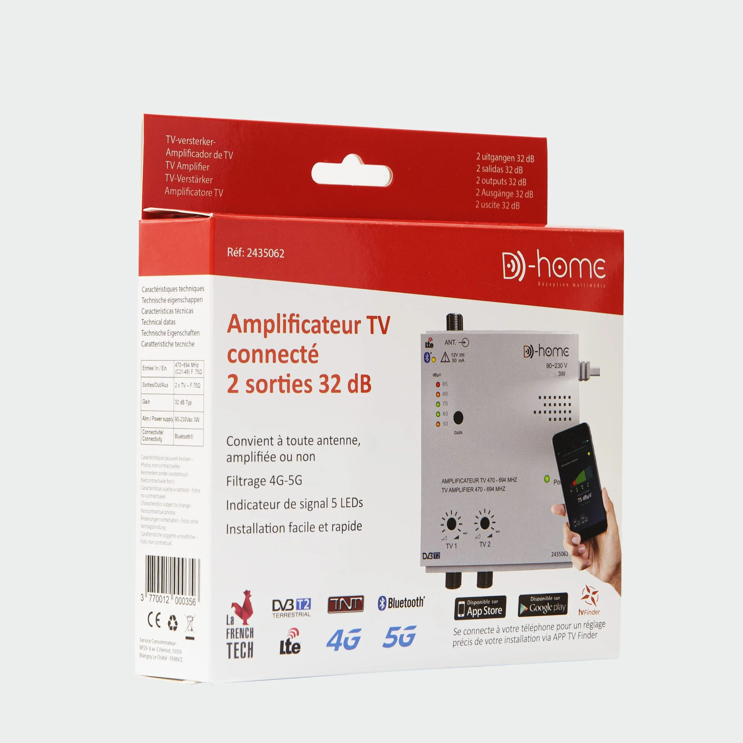 D-Home - Amplificador de TV TNT Interior 2 Salidas 32dB Conectado Filtrado 4G-5G - Funciona con la App Móvil TV Finder para encontrar la mejor señal disponible. Para cualquier antena