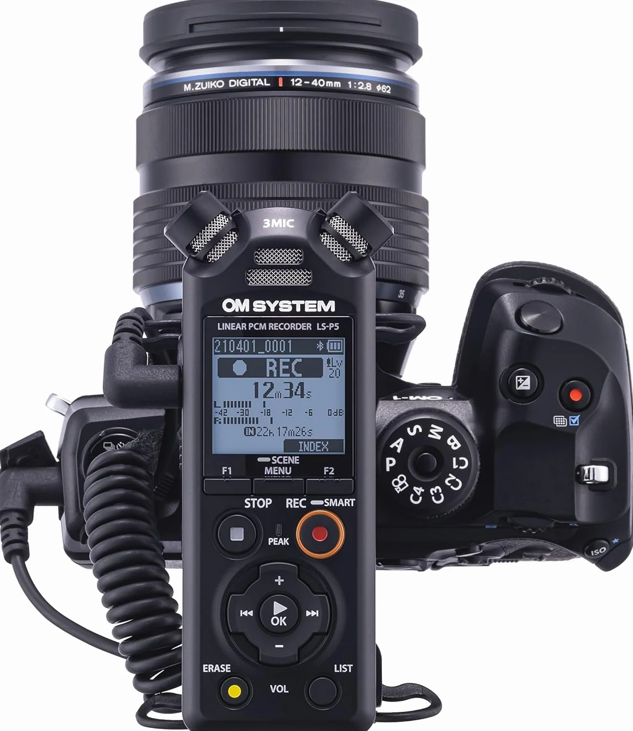 OM System LS-P5 Grabadora de Audio Hi-Res – Sistema TRESMIC II de 3 Micrófonos, Bluetooth, 16GB, 37h de Autonomía, Grabaciones Profesionales, Control Smartphone, USB, PCM/FLAC/MP3