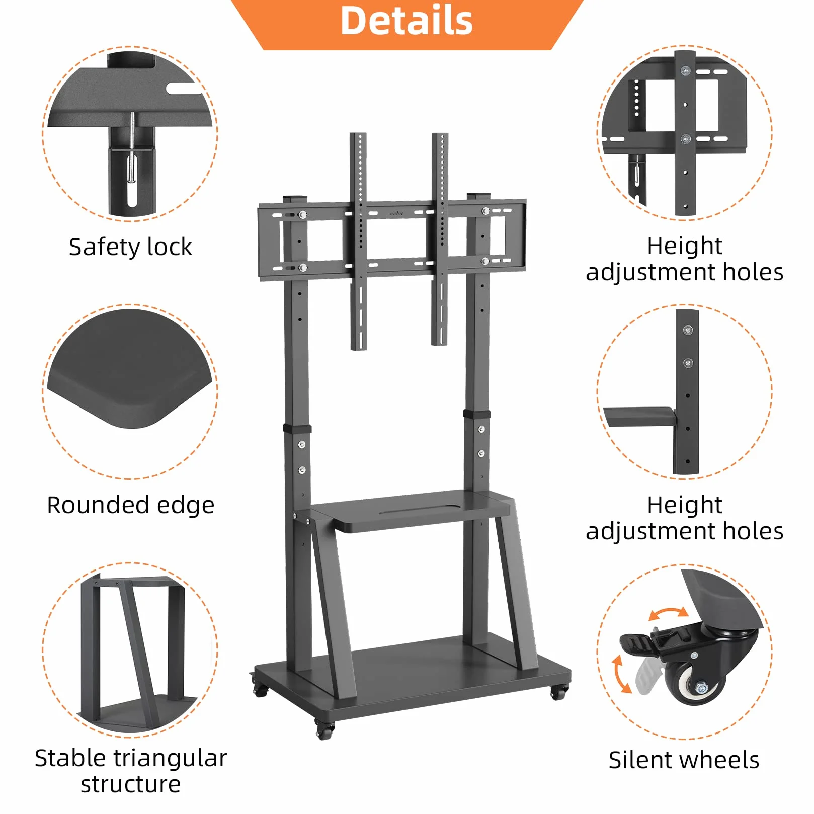 UNHO Soporte TV con Ruedas para 32-100 Pulgadas, Soporte TV Suelo Pie para Pantalla LED LCD Carrito TV Grande Comercial Móvil con 2 Estantes de Altura Ajustable Carga Máx 80kg VESA 800x600 (L)