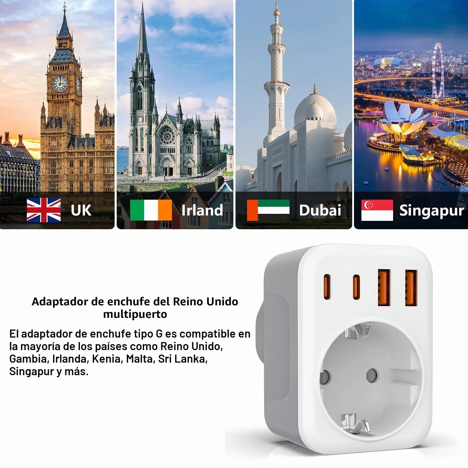 5 en 1 Adaptador Enchufe UK, Adaptador de Viaje Español a UK,con 2 USB C y 2 USB A,Enchufe Tipo G para Ingles Irlanda Maldivas Dubai Gran Bretaña Singapur Hong Kong