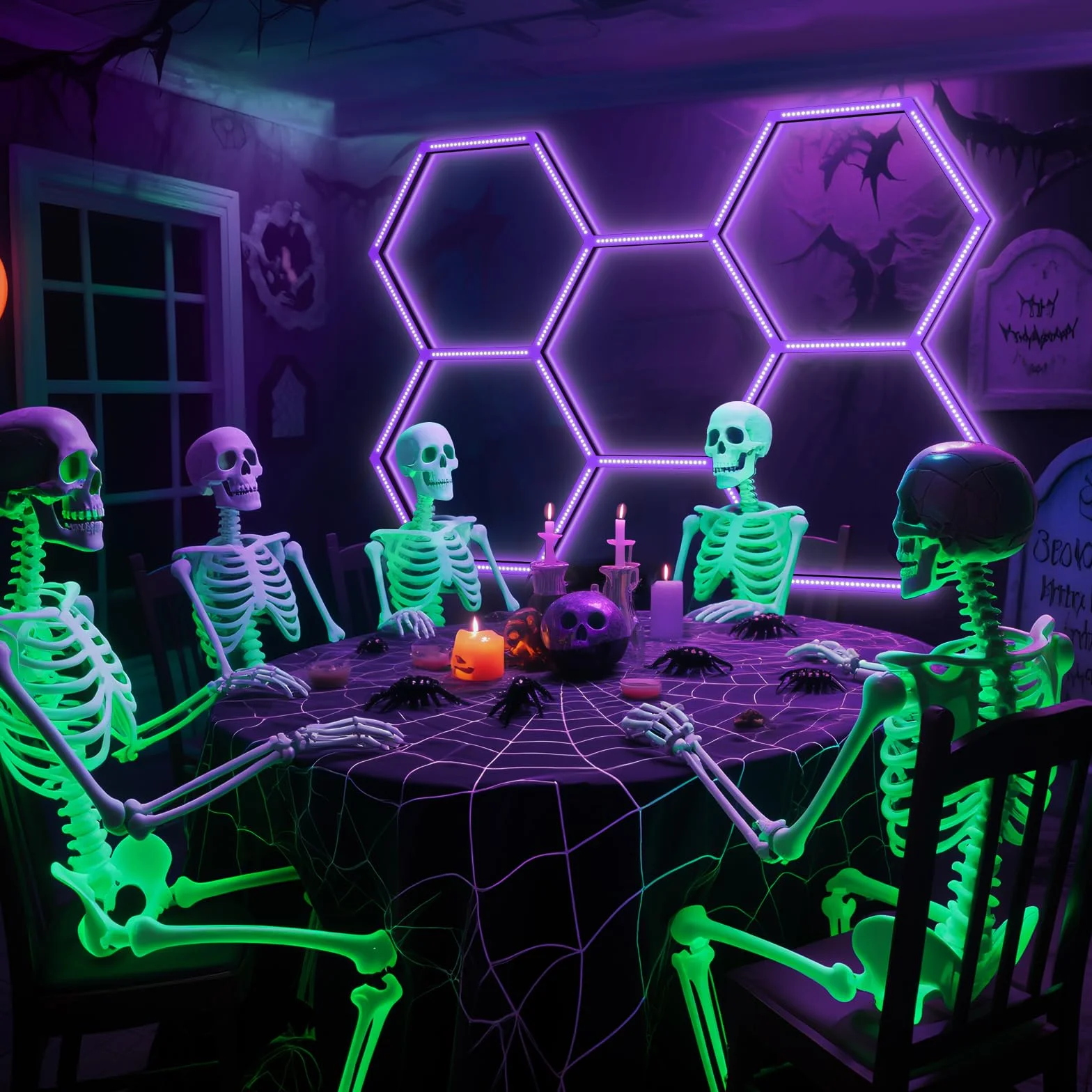 Luz negra hexagonal, 144 W, 5 rejillas LED de panal de abeja UV con enchufe de alimentación para luz de fiesta brillante, póster de pintura corporal, decoración fluorescente para fiesta de